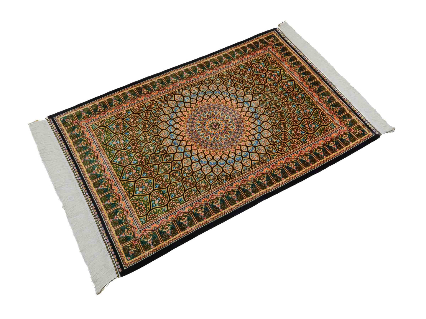 Ghom Maschinenteppich "Manuchehr" 120 x 80 cm aus pflanzlicher Seide (Viskose) mit Gumbad-Medaillon, Schwarz. Teppichnummer: V56BK096H. Persian Luxury Collection by Khademi. Made in Iran / Persia – Vertrieb durch JUPITER Intl.