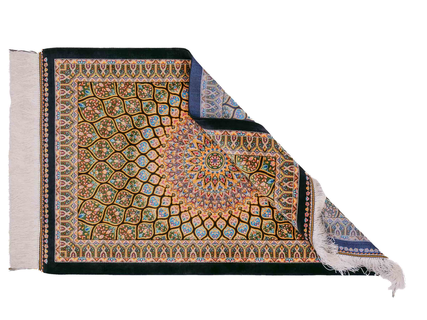 Ghom Maschinenteppich "Manuchehr" 90 x 60 cm aus pflanzlicher Seide (Viskose) mit Gumbad-Medaillon, Schwarz. Teppichnummer: V56BK054H. Persian Luxury Collection by Khademi. Made in Iran / Persia – Vertrieb durch JUPITER Intl.