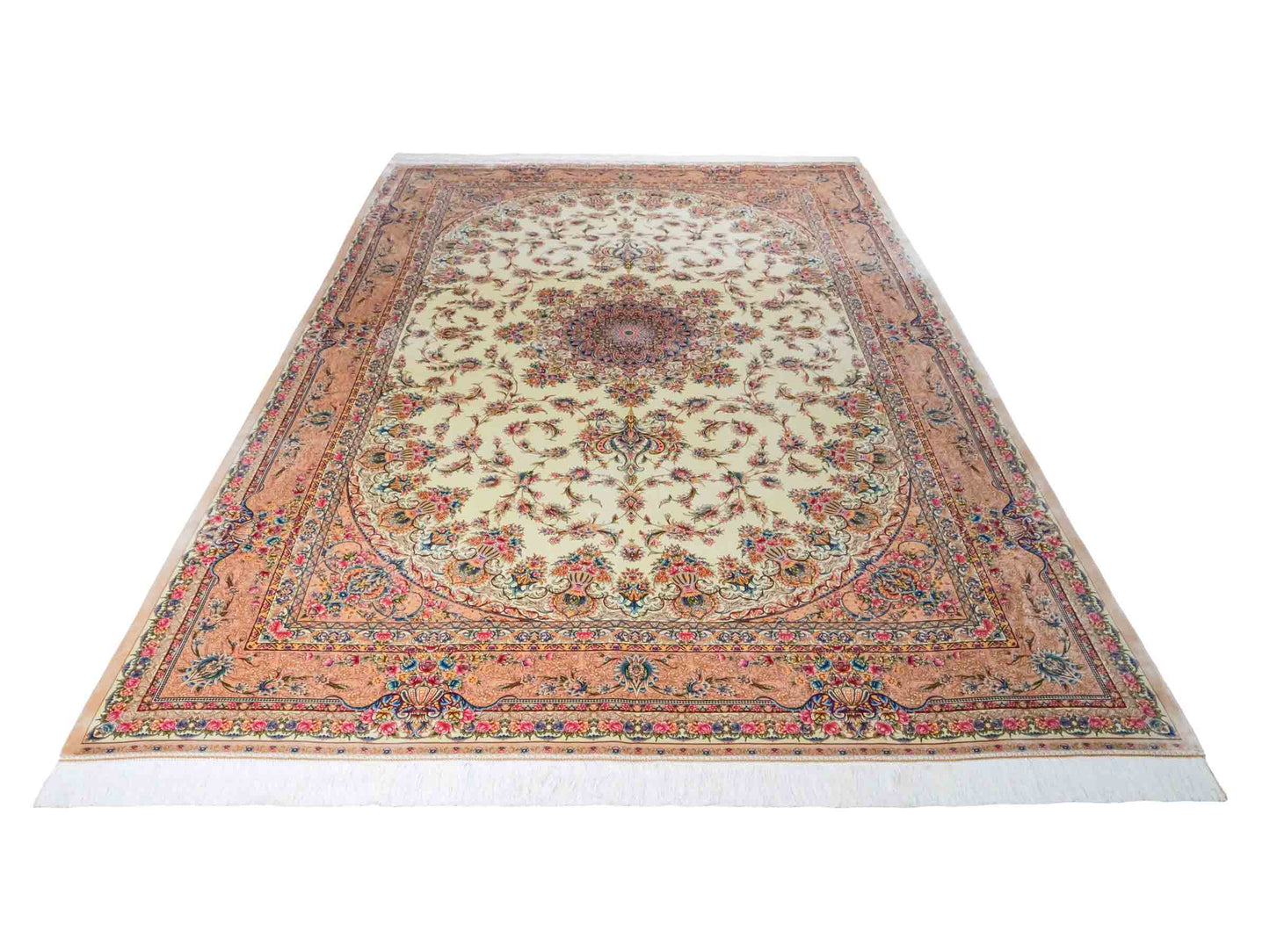 Ghom Maschinenteppich "Mehr" 300 x 200 cm aus pflanzlicher Seide (Viskose) mit Medaillon, Cremeweiß, Beige. Teppichnummer: V61CR600H. Persian Luxury Collection by Khademi. Made in Iran / Persia – Vertrieb durch JUPITER Intl.
