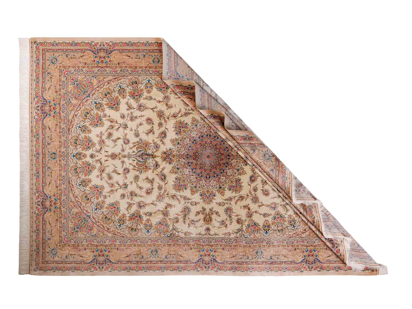 Ghom Maschinenteppich "Mehr" 300 x 200 cm aus pflanzlicher Seide (Viskose) mit Medaillon, Cremeweiß, Beige. Teppichnummer: V61CR600H. Persian Luxury Collection by Khademi. Made in Iran / Persia – Vertrieb durch JUPITER Intl.