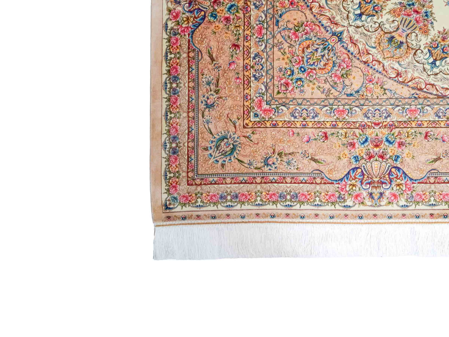 Ghom Maschinenteppich "Mehr" 300 x 200 cm aus pflanzlicher Seide (Viskose) mit Medaillon, Cremeweiß, Beige. Teppichnummer: V61CR600H. Persian Luxury Collection by Khademi. Made in Iran / Persia – Vertrieb durch JUPITER Intl.