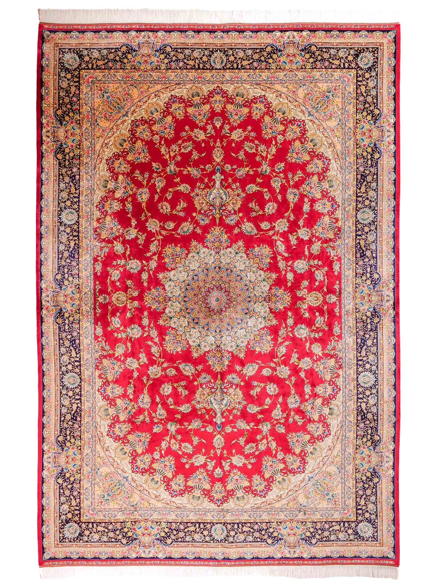 Ghom Maschinenteppich "Mehr" 300 x 200 cm aus pflanzlicher Seide (Viskose) mit Medaillon, Rot. Teppichnummer: V61RD600H. Persian Luxury Collection by Khademi. Made in Iran / Persia – Vertrieb durch JUPITER Intl.