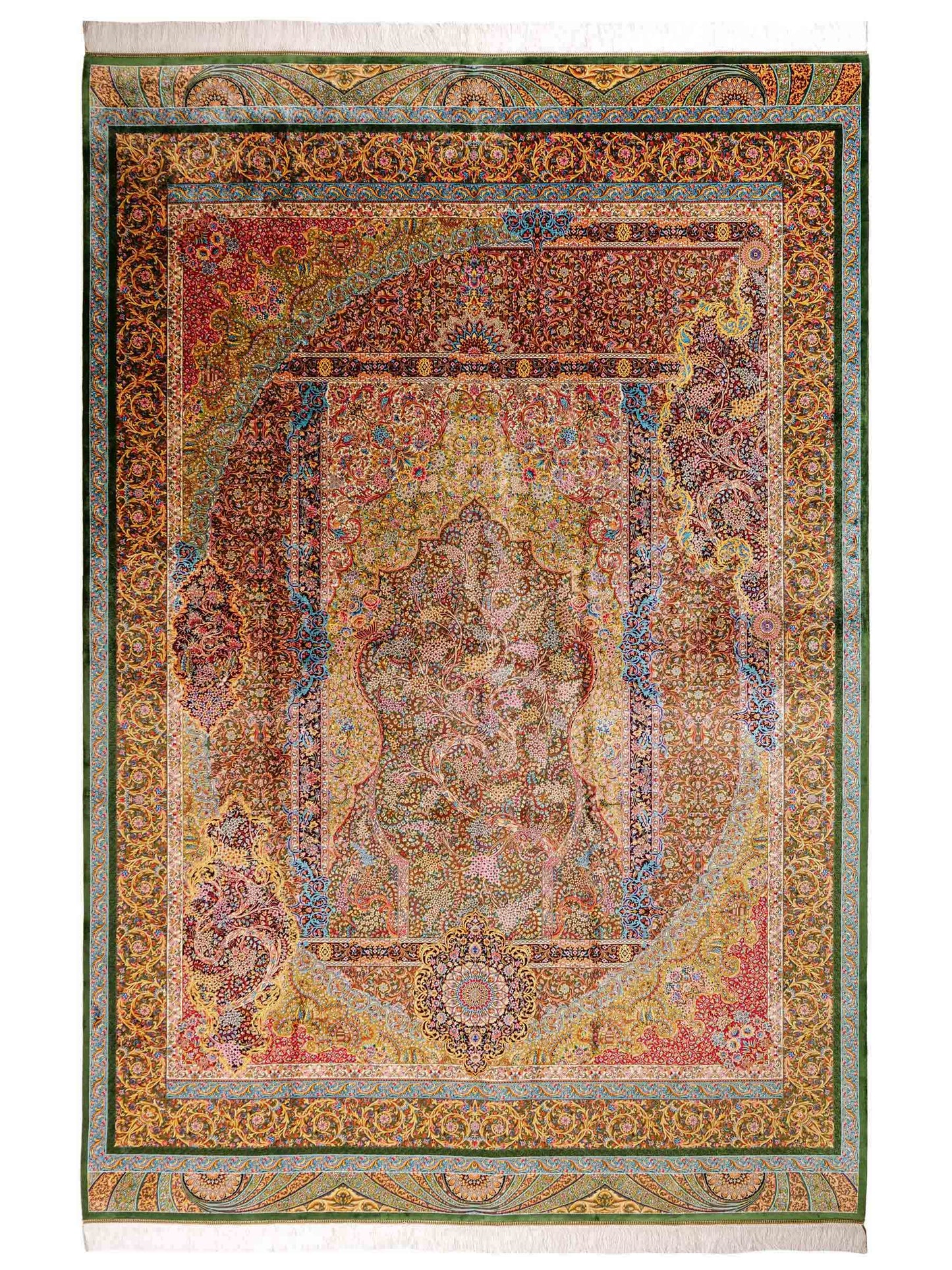 Ghom Maschinenteppich "Mehrab" 300 x 200 cm aus pflanzlicher Seide (Viskose) mit Paradies-Lebensbaum, Grün. Teppichnummer: V62MG600H. Persian Luxury Collection by Khademi. Made in Iran / Persia – Vertrieb durch JUPITER Intl.