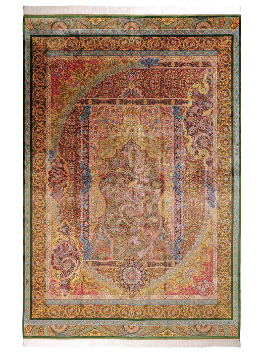 Ghom Maschinenteppich "Mehrab" 300 x 200 cm aus pflanzlicher Seide (Viskose) mit Paradies-Lebensbaum, Grün. Teppichnummer: V62MG600H. Persian Luxury Collection by Khademi. Made in Iran / Persia – Vertrieb durch JUPITER Intl.