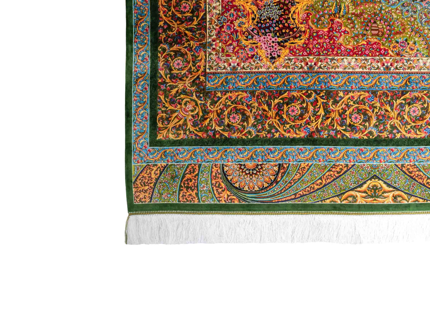 Ghom Maschinenteppich "Mehrab" 300 x 200 cm aus pflanzlicher Seide (Viskose) mit Paradies-Lebensbaum, Grün. Teppichnummer: V62MG600H. Persian Luxury Collection by Khademi. Made in Iran / Persia – Vertrieb durch JUPITER Intl.