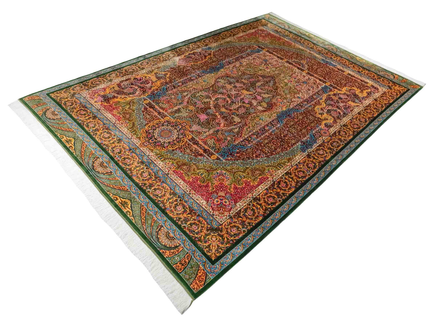 Ghom Maschinenteppich "Mehrab" 300 x 200 cm aus pflanzlicher Seide (Viskose) mit Paradies-Lebensbaum, Grün. Teppichnummer: V62MG600H. Persian Luxury Collection by Khademi. Made in Iran / Persia – Vertrieb durch JUPITER Intl.