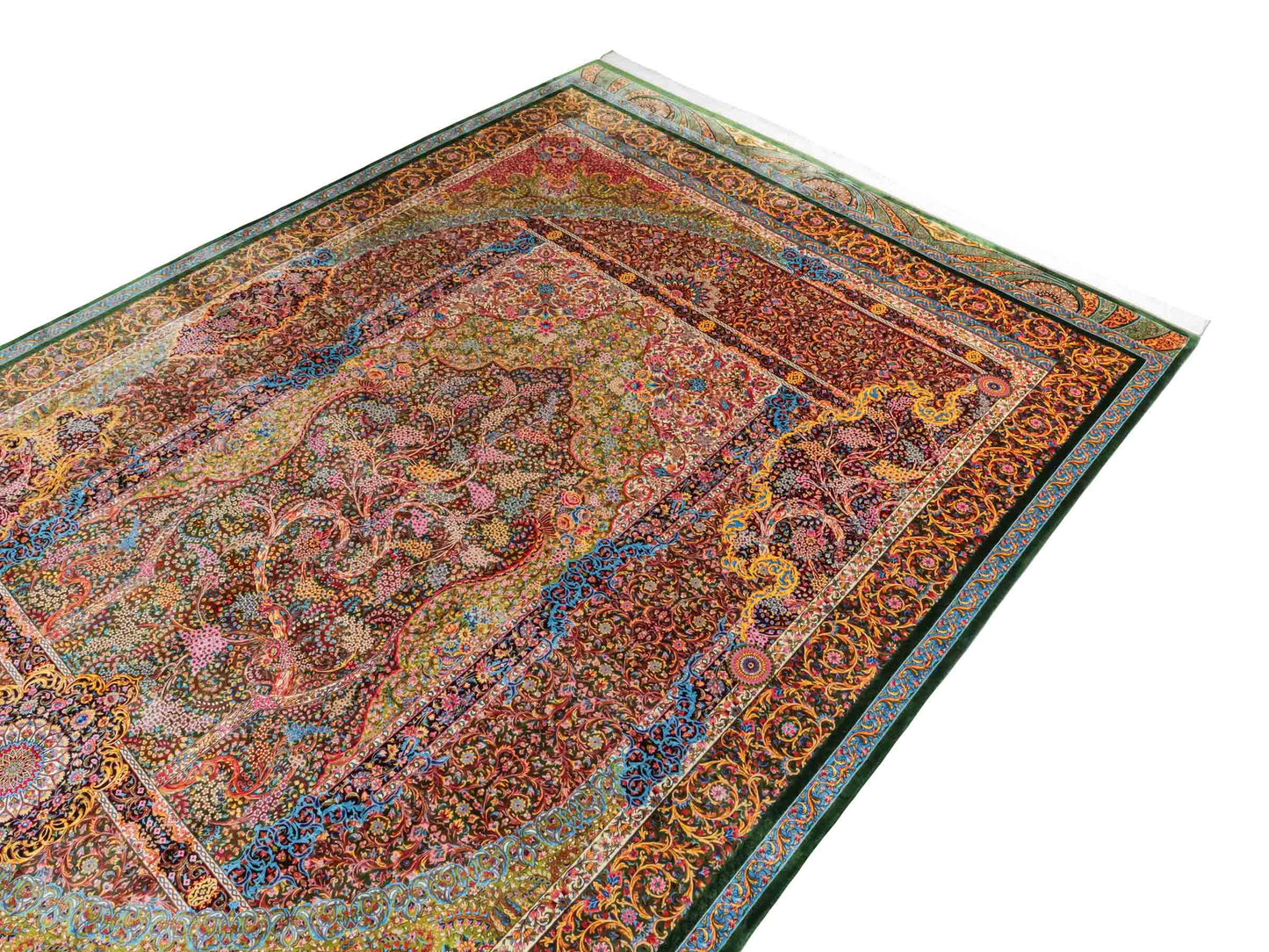 Ghom Maschinenteppich "Mehrab" 300 x 200 cm aus pflanzlicher Seide (Viskose) mit Paradies-Lebensbaum, Grün. Teppichnummer: V62MG600H. Persian Luxury Collection by Khademi. Made in Iran / Persia – Vertrieb durch JUPITER Intl.