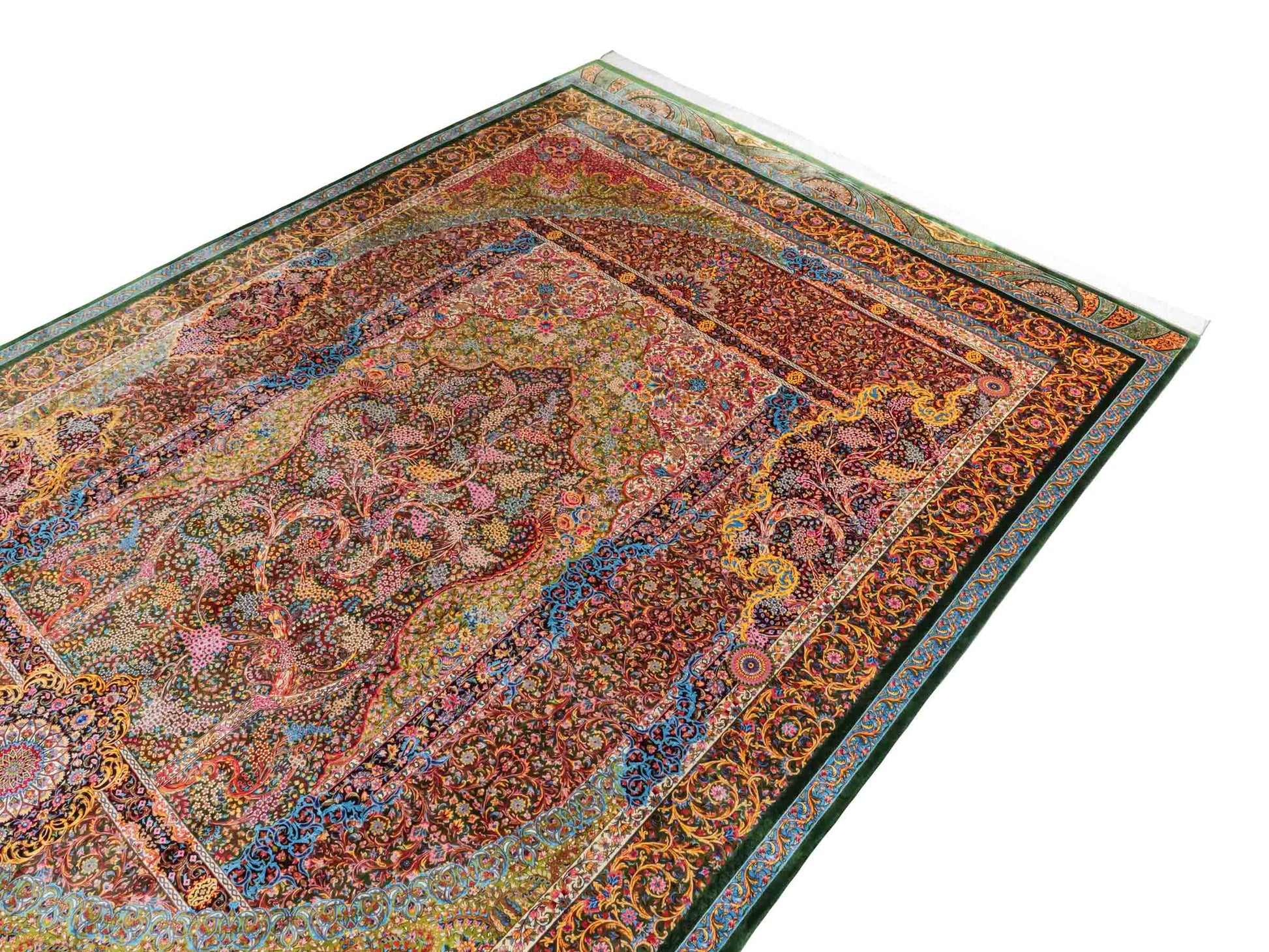 Ghom Maschinenteppich "Mehrab" 300 x 200 cm aus pflanzlicher Seide (Viskose) mit Paradies-Lebensbaum, Grün. Teppichnummer: V62MG600H. Persian Luxury Collection by Khademi. Made in Iran / Persia – Vertrieb durch JUPITER Intl.