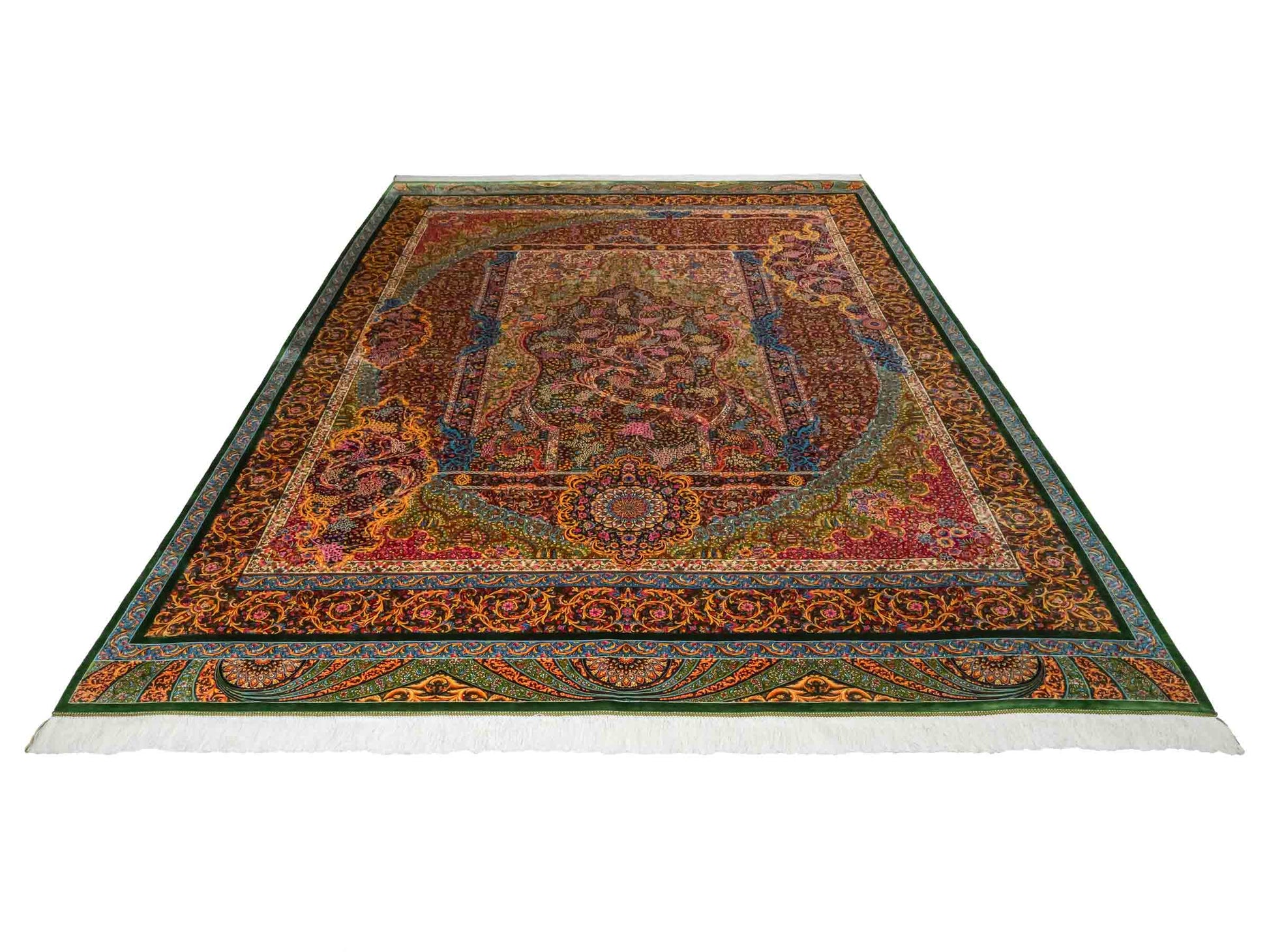Ghom Maschinenteppich "Mehrab" 300 x 200 cm aus pflanzlicher Seide (Viskose) mit Paradies-Lebensbaum, Grün. Teppichnummer: V62MG600H. Persian Luxury Collection by Khademi. Made in Iran / Persia – Vertrieb durch JUPITER Intl.