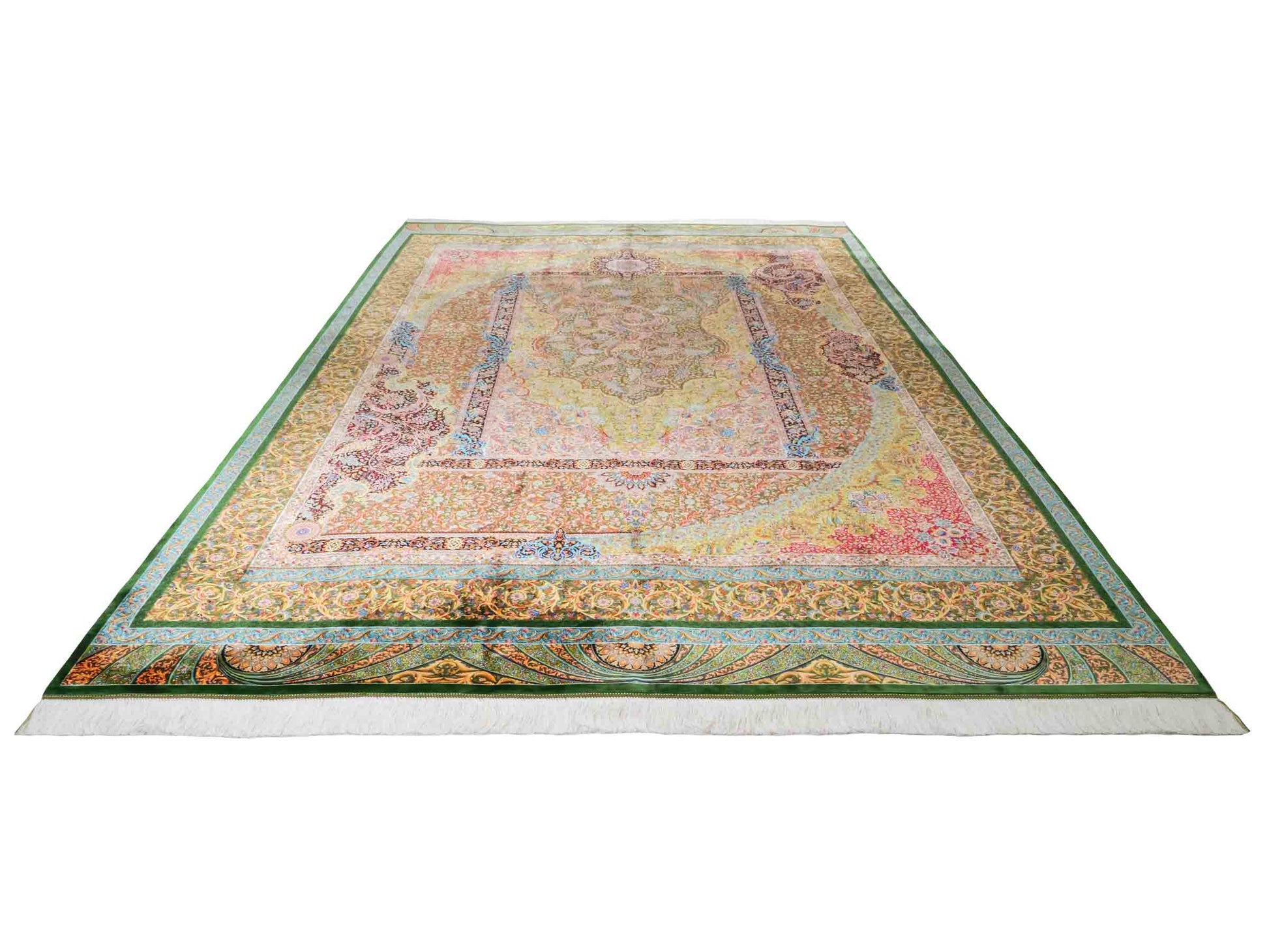 Ghom Maschinenteppich "Mehrab" 300 x 200 cm aus pflanzlicher Seide (Viskose) mit Paradies-Lebensbaum, Grün. Teppichnummer: V62MG600H. Persian Luxury Collection by Khademi. Made in Iran / Persia – Vertrieb durch JUPITER Intl.