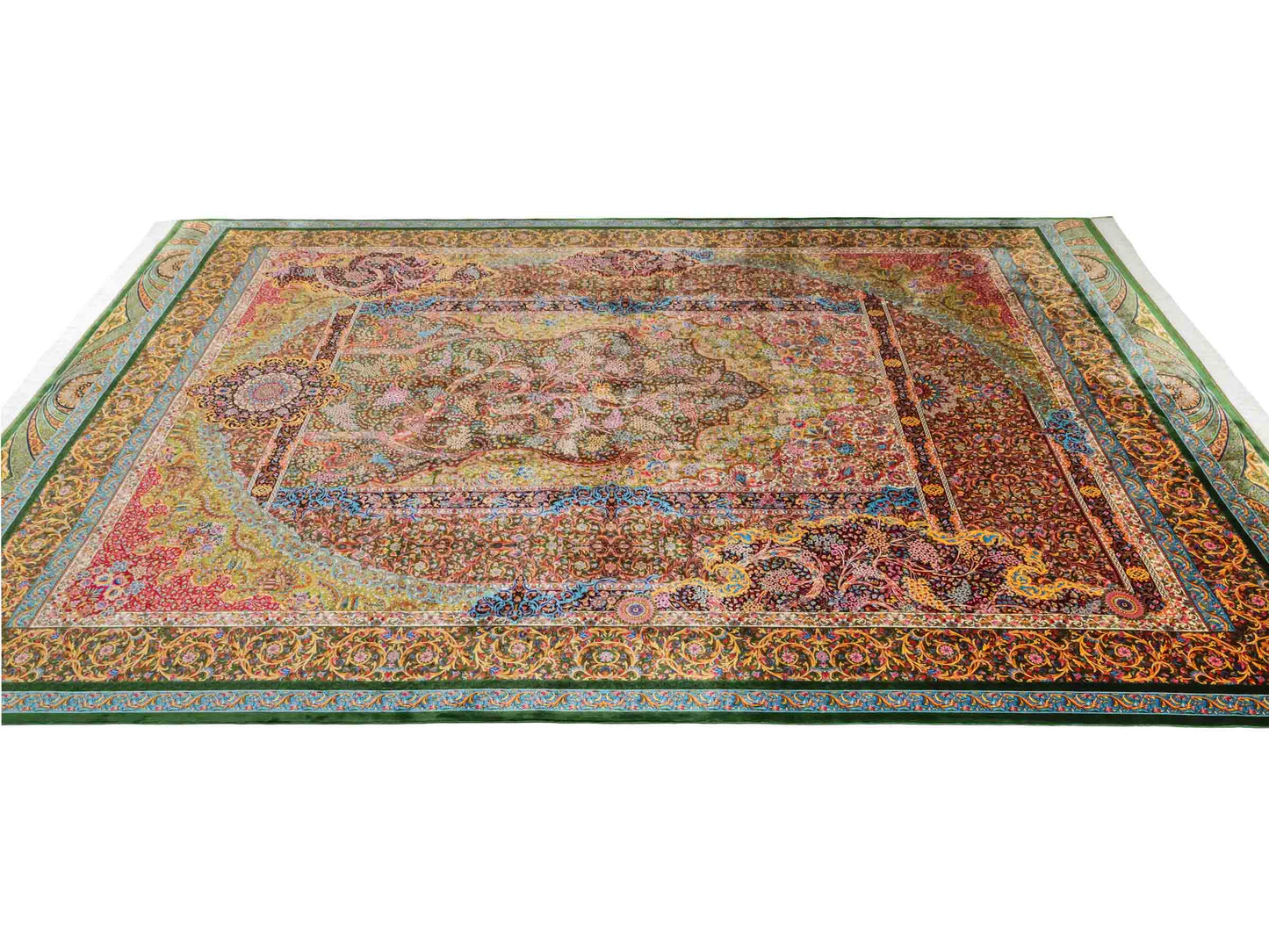 Ghom Maschinenteppich "Mehrab" 300 x 200 cm aus pflanzlicher Seide (Viskose) mit Paradies-Lebensbaum, Grün. Teppichnummer: V62MG600H. Persian Luxury Collection by Khademi. Made in Iran / Persia – Vertrieb durch JUPITER Intl.