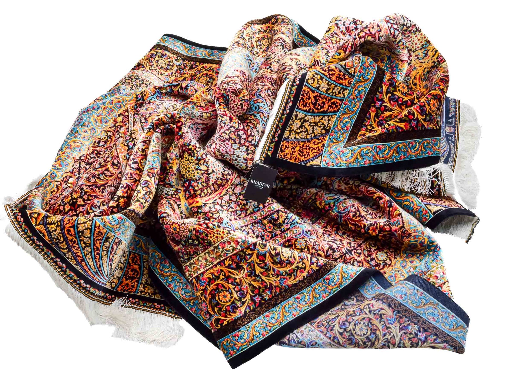 Ghom Maschinenteppich "Mehrab" 300 x 200 cm aus pflanzlicher Seide (Viskose) mit Paradies-Lebensbaum, Schwarz. Teppichnummer: V62BK600H. Persian Luxury Collection by Khademi. Made in Iran / Persia – Vertrieb durch JUPITER Intl.