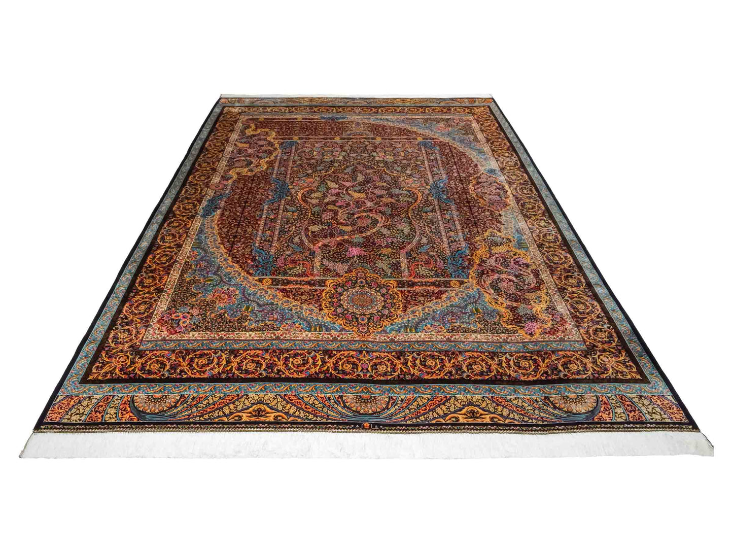 Ghom Maschinenteppich "Mehrab" 300 x 200 cm aus pflanzlicher Seide (Viskose) mit Paradies-Lebensbaum, Schwarz. Teppichnummer: V62BK600H. Persian Luxury Collection by Khademi. Made in Iran / Persia – Vertrieb durch JUPITER Intl.