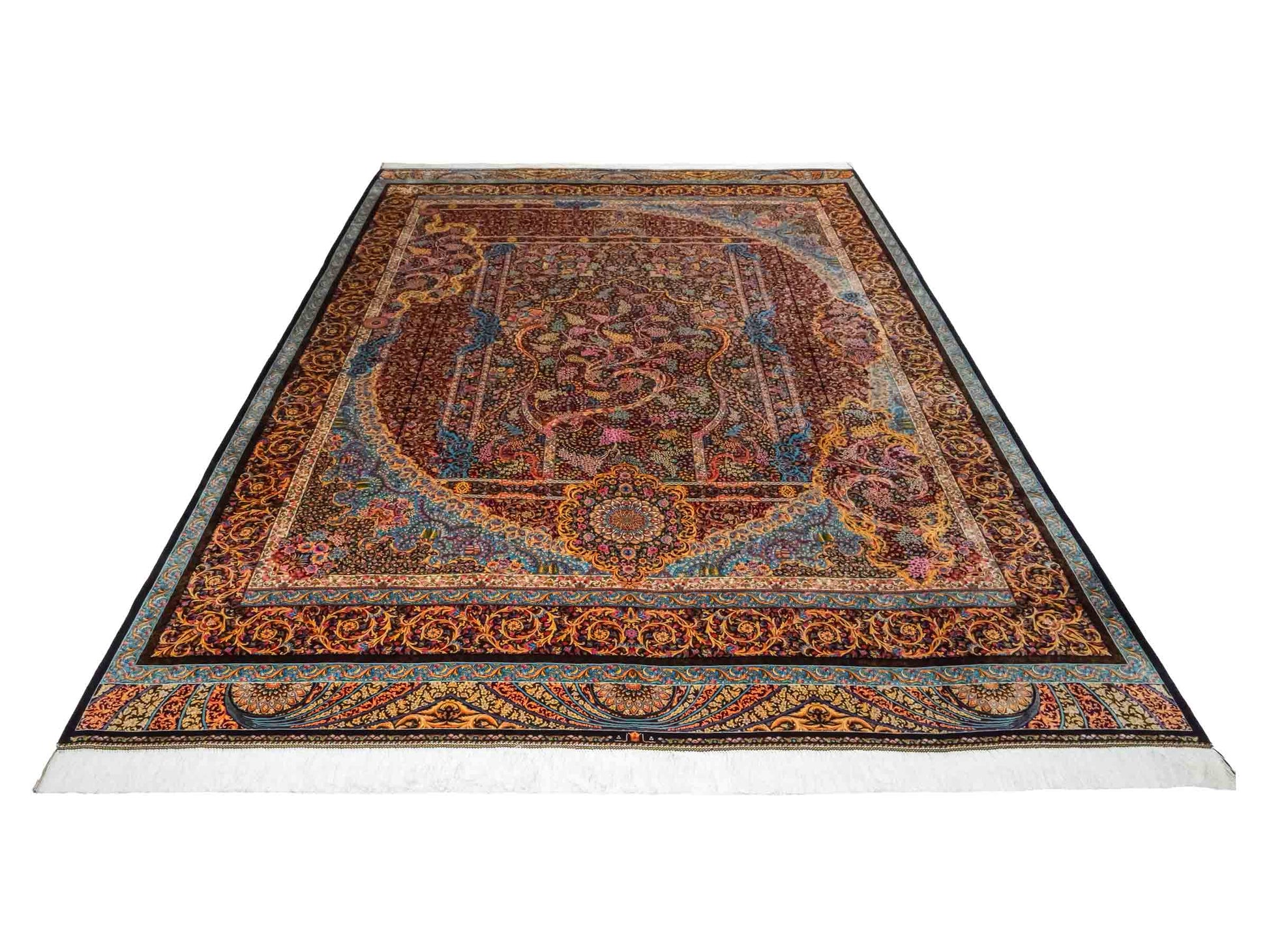 Ghom Maschinenteppich "Mehrab" 300 x 200 cm aus pflanzlicher Seide (Viskose) mit Paradies-Lebensbaum, Schwarz. Teppichnummer: V62BK600H. Persian Luxury Collection by Khademi. Made in Iran / Persia – Vertrieb durch JUPITER Intl.