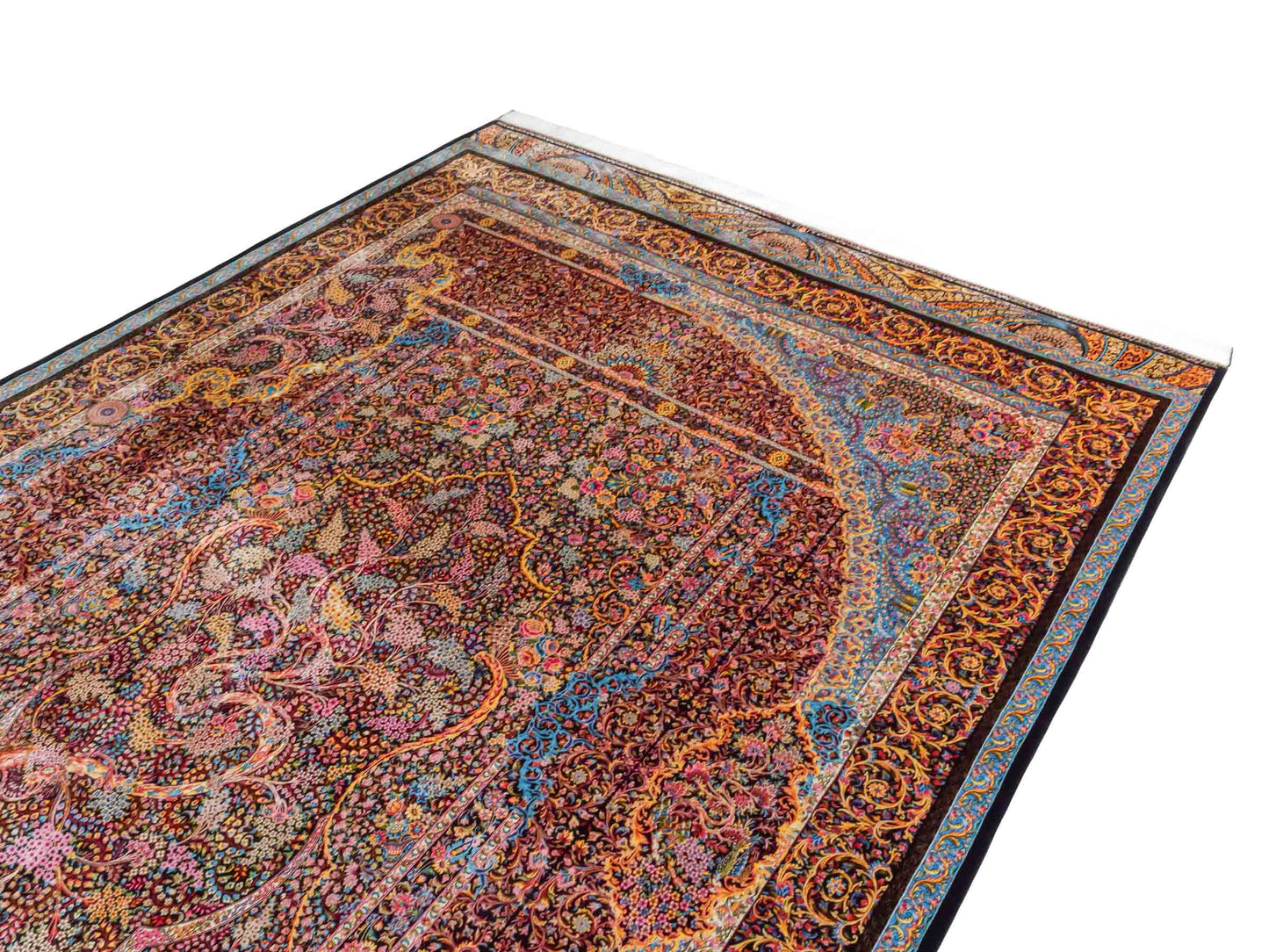 Ghom Maschinenteppich "Mehrab" 300 x 200 cm aus pflanzlicher Seide (Viskose) mit Paradies-Lebensbaum, Schwarz. Teppichnummer: V62BK600H. Persian Luxury Collection by Khademi. Made in Iran / Persia – Vertrieb durch JUPITER Intl.