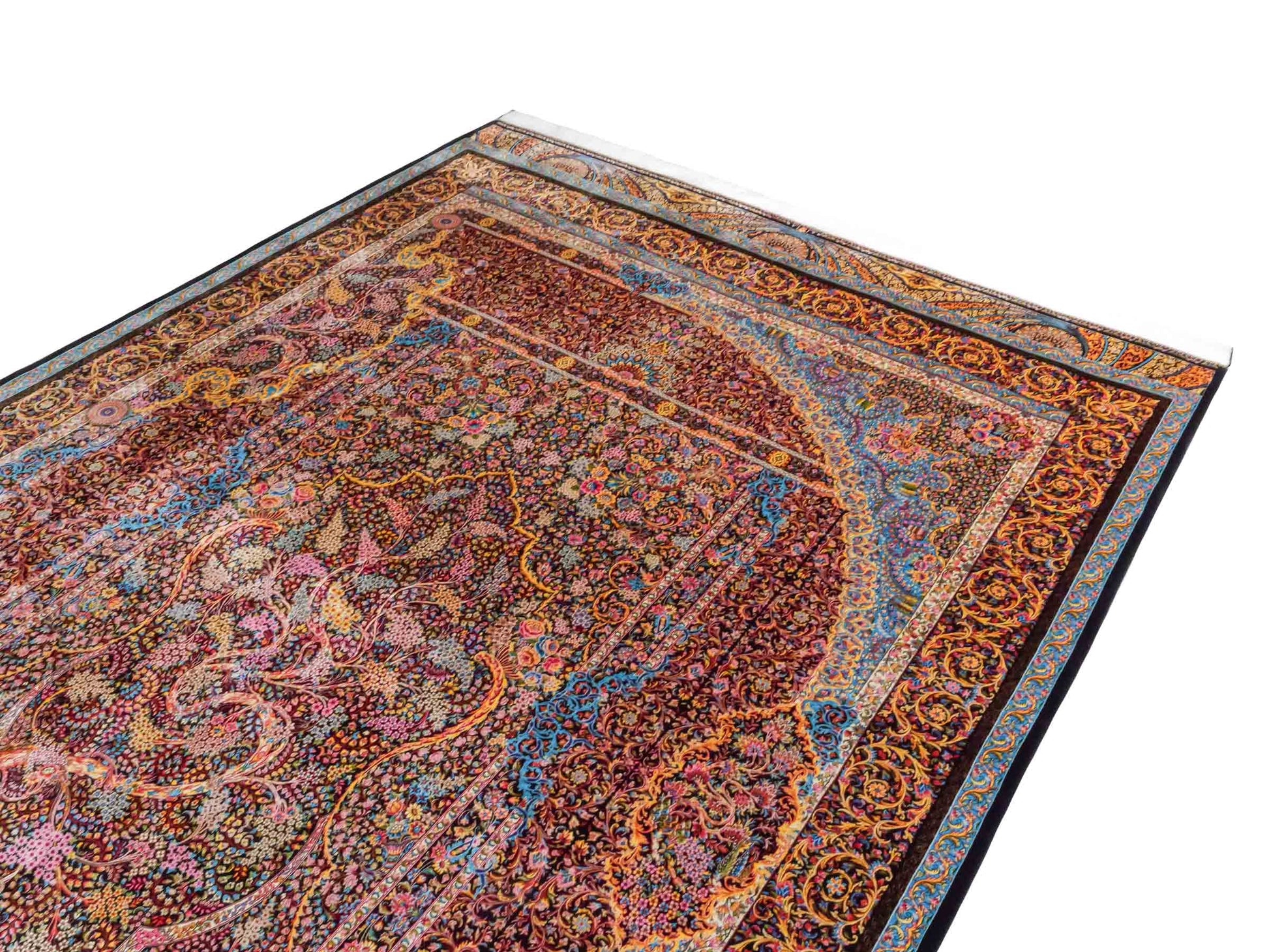 Ghom Maschinenteppich "Mehrab" 300 x 200 cm aus pflanzlicher Seide (Viskose) mit Paradies-Lebensbaum, Schwarz. Teppichnummer: V62BK600H. Persian Luxury Collection by Khademi. Made in Iran / Persia – Vertrieb durch JUPITER Intl.