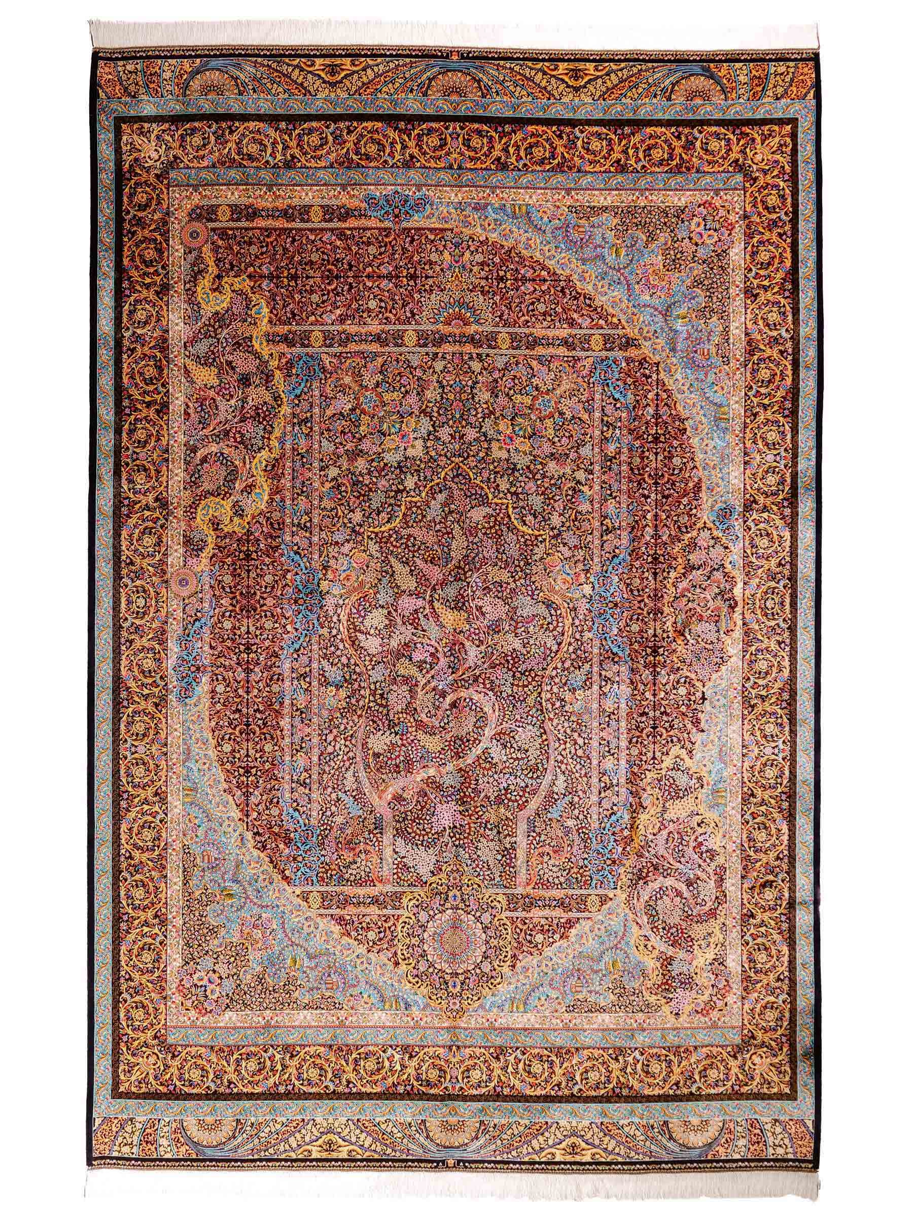 Ghom Maschinenteppich "Mehrab" 300 x 200 cm aus pflanzlicher Seide (Viskose) mit Paradies-Lebensbaum, Schwarz. Teppichnummer: V62BK600H. Persian Luxury Collection by Khademi. Made in Iran / Persia – Vertrieb durch JUPITER Intl.