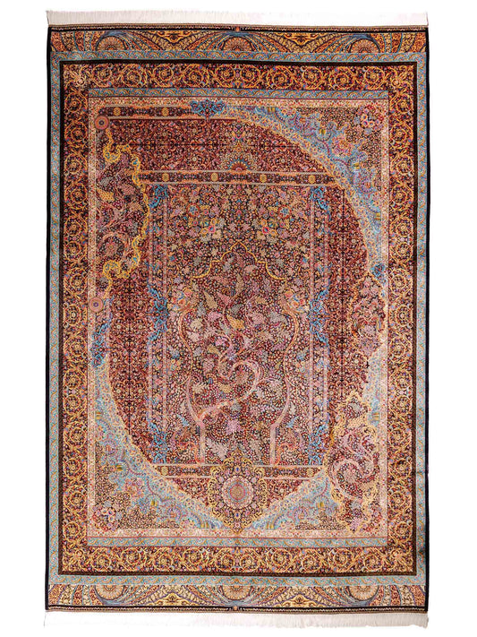 Ghom Maschinenteppich "Mehrab" 300 x 200 cm aus pflanzlicher Seide (Viskose) mit Paradies-Lebensbaum, Schwarz. Teppichnummer: V62BK600H. Persian Luxury Collection by Khademi. Made in Iran / Persia – Vertrieb durch JUPITER Intl.
