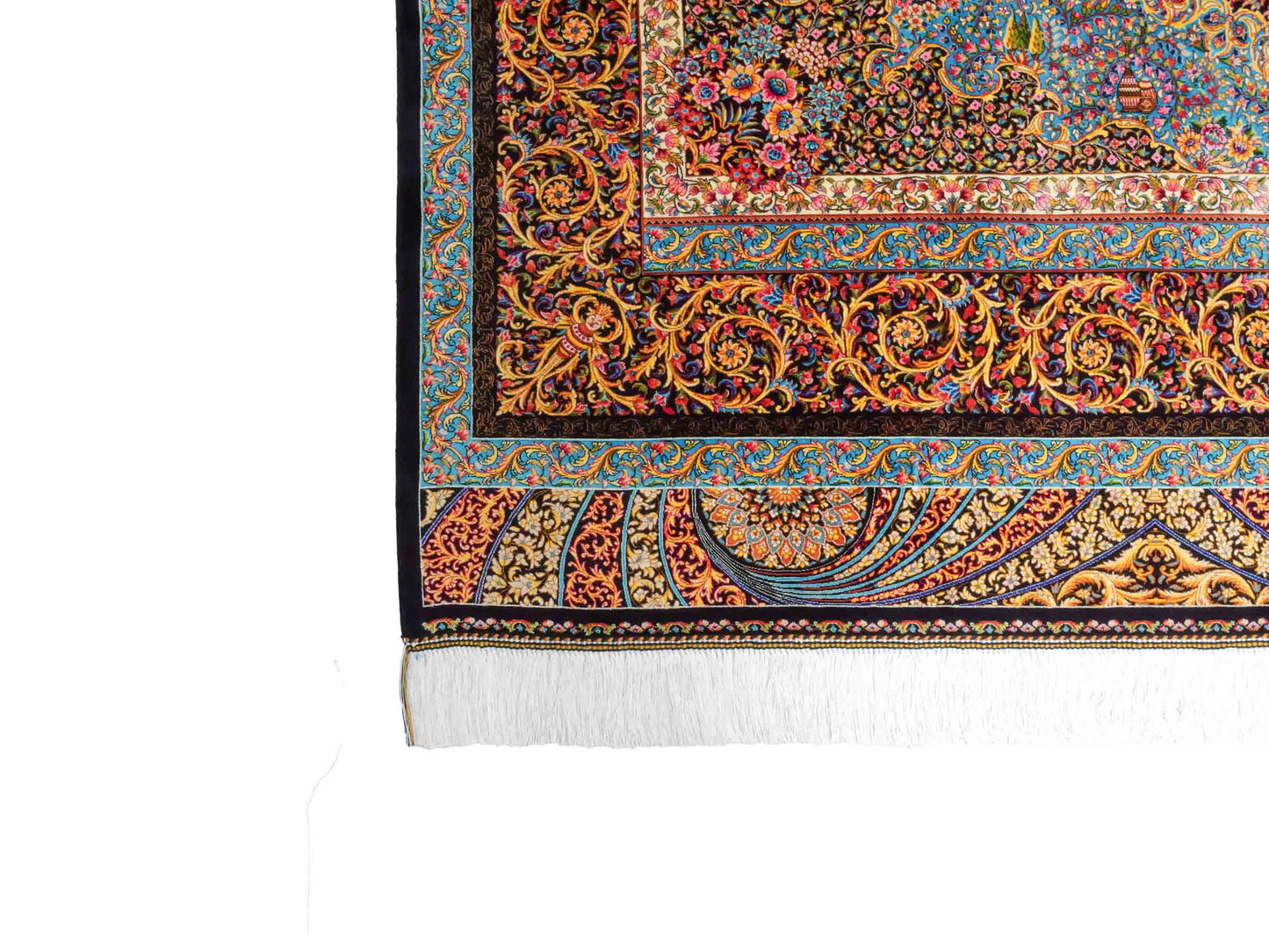 Ghom Maschinenteppich "Mehrab" 300 x 200 cm aus pflanzlicher Seide (Viskose) mit Paradies-Lebensbaum, Schwarz. Teppichnummer: V62BK600H. Persian Luxury Collection by Khademi. Made in Iran / Persia – Vertrieb durch JUPITER Intl.
