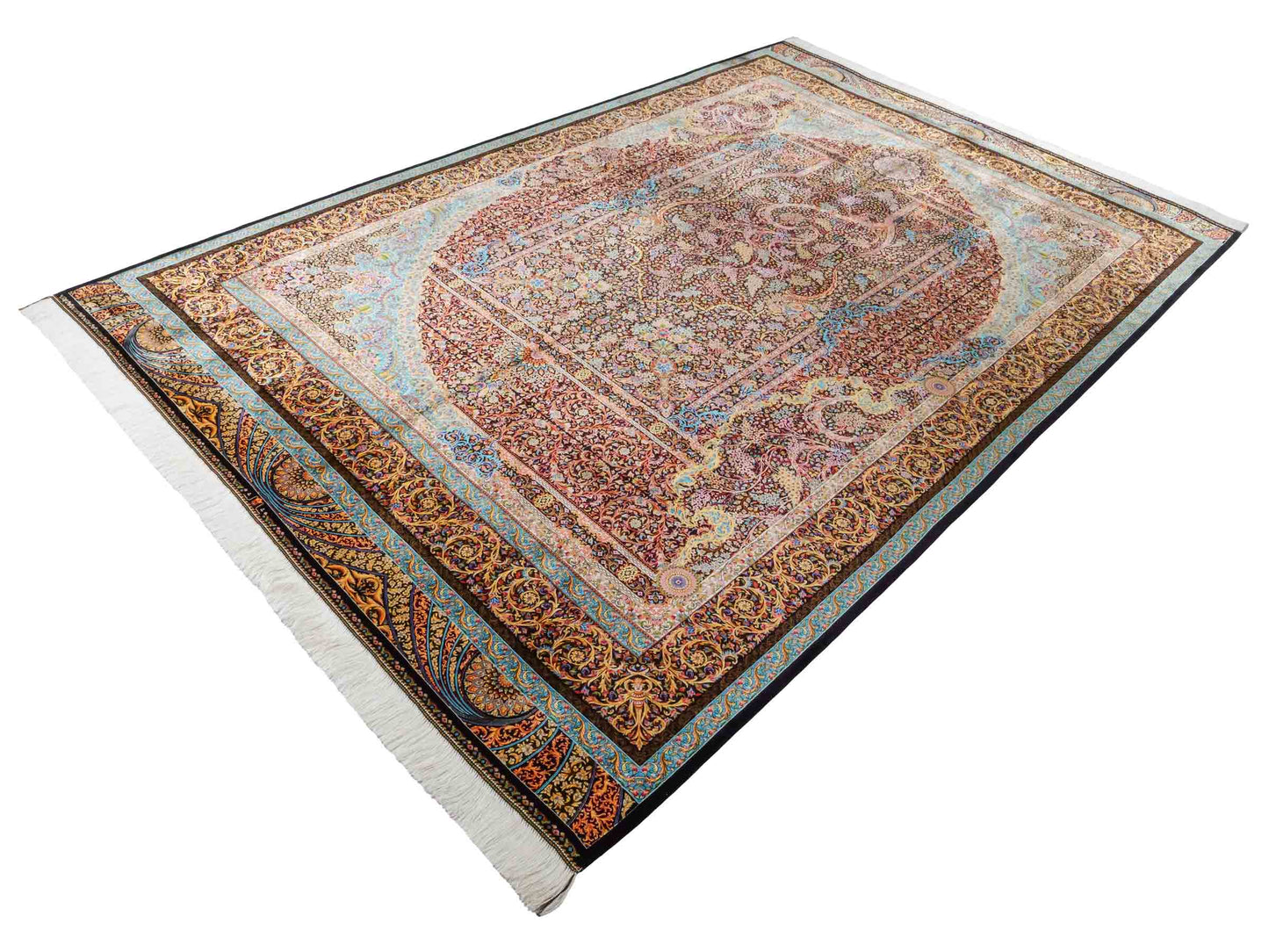 Ghom Maschinenteppich "Mehrab" 300 x 200 cm aus pflanzlicher Seide (Viskose) mit Paradies-Lebensbaum, Schwarz. Teppichnummer: V62BK600H. Persian Luxury Collection by Khademi. Made in Iran / Persia – Vertrieb durch JUPITER Intl.