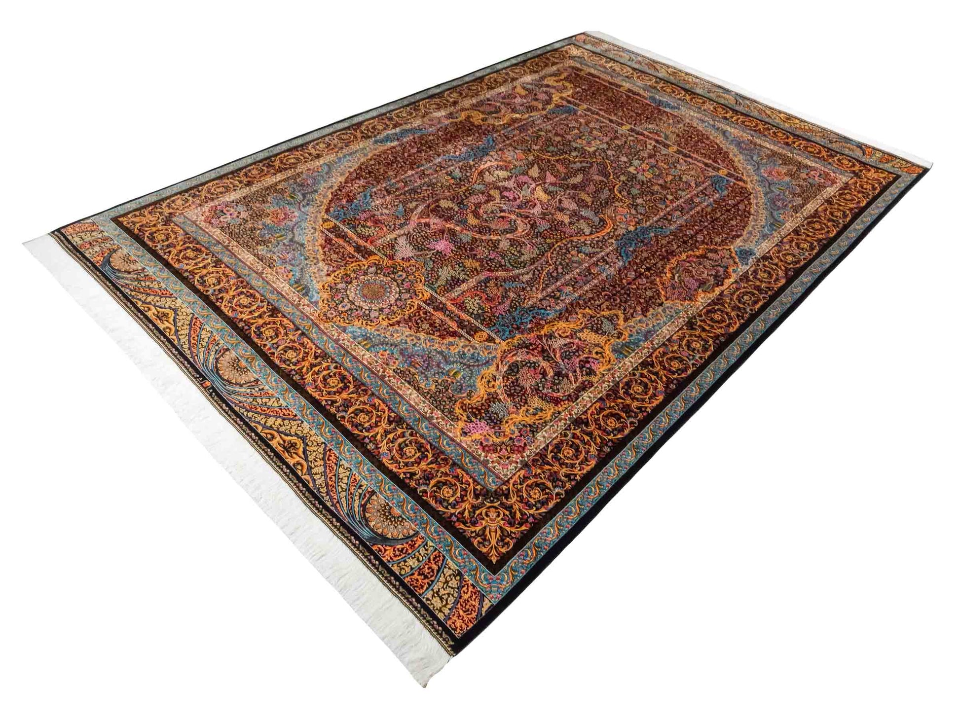 Ghom Maschinenteppich "Mehrab" 300 x 200 cm aus pflanzlicher Seide (Viskose) mit Paradies-Lebensbaum, Schwarz. Teppichnummer: V62BK600H. Persian Luxury Collection by Khademi. Made in Iran / Persia – Vertrieb durch JUPITER Intl.