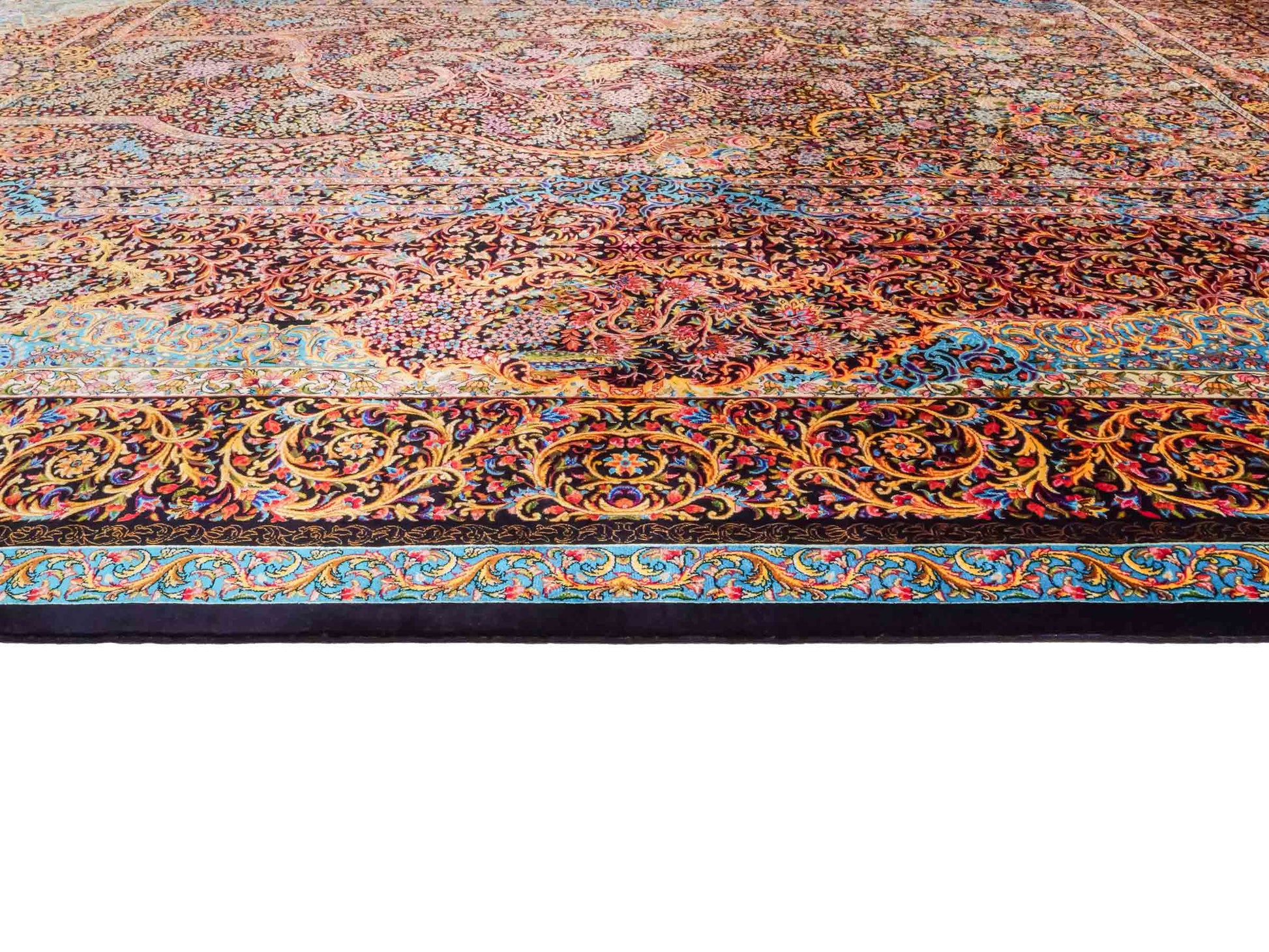 Ghom Maschinenteppich "Mehrab" 300 x 200 cm aus pflanzlicher Seide (Viskose) mit Paradies-Lebensbaum, Schwarz. Teppichnummer: V62BK600H. Persian Luxury Collection by Khademi. Made in Iran / Persia – Vertrieb durch JUPITER Intl.