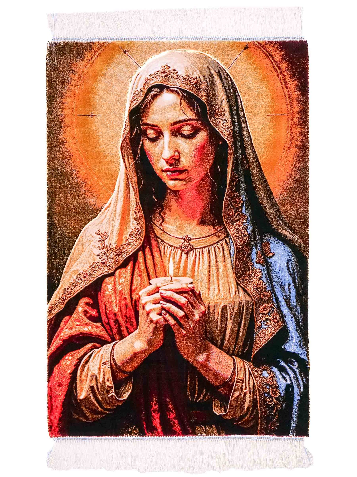 Ghom Maschinenteppich "Maria Mutter Gottes" 90 x 60 cm aus pflanzlicher Seide (Viskose). Wandteppich mit Bildmotiv, Mehrfarbig. Teppichnummer: V32MC054H. Persian Luxury Collection by Khademi. Made in Iran / Persia – Vertrieb durch JUPITER Intl.