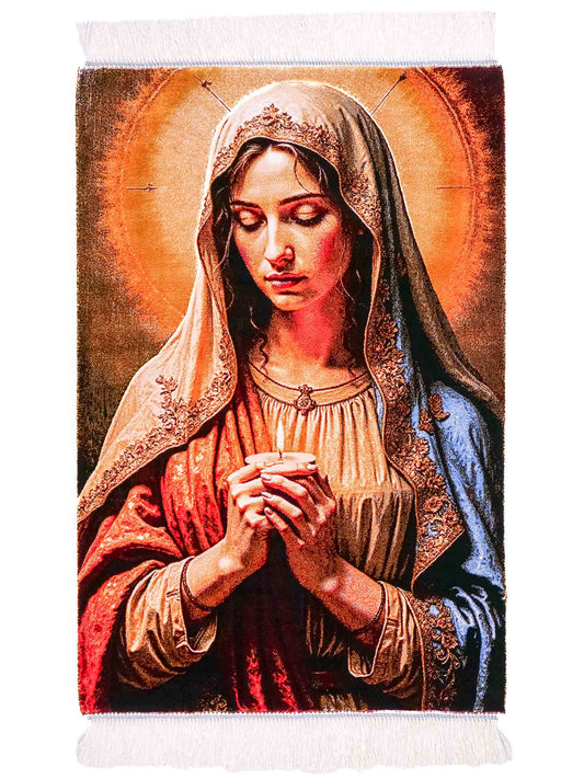 Ghom Maschinenteppich "Maria Mutter Gottes" 90 x 60 cm aus pflanzlicher Seide (Viskose). Wandteppich mit Bildmotiv, Mehrfarbig. Teppichnummer: V32MC054H. Persian Luxury Collection by Khademi. Made in Iran / Persia – Vertrieb durch JUPITER Intl.