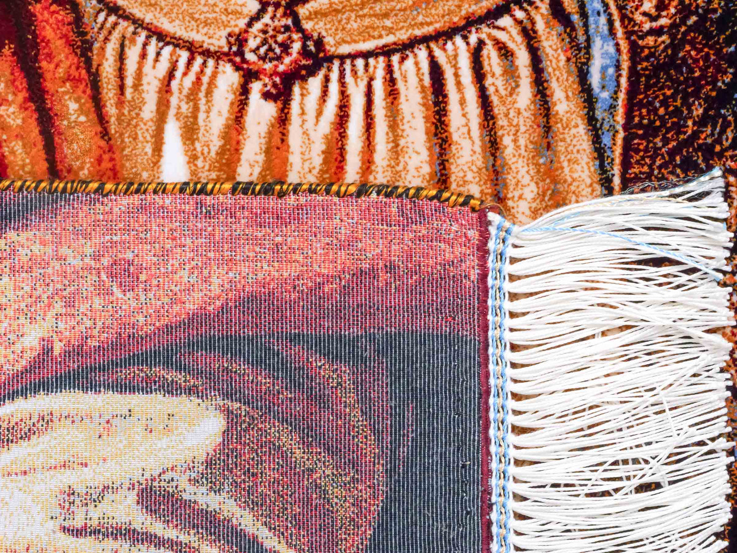 Ghom Maschinenteppich "Maria Mutter Gottes" 90 x 60 cm aus pflanzlicher Seide (Viskose). Wandteppich mit Bildmotiv, Mehrfarbig. Teppichnummer: V32MC054H. Persian Luxury Collection by Khademi. Made in Iran / Persia – Vertrieb durch JUPITER Intl.