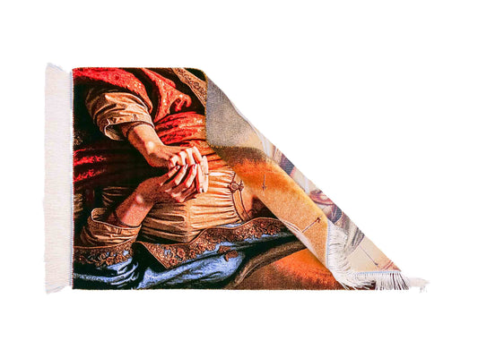 Ghom Maschinenteppich "Maria Mutter Gottes" 90 x 60 cm aus pflanzlicher Seide (Viskose). Wandteppich mit Bildmotiv, Mehrfarbig. Teppichnummer: V32MC054H. Persian Luxury Collection by Khademi. Made in Iran / Persia – Vertrieb durch JUPITER Intl.