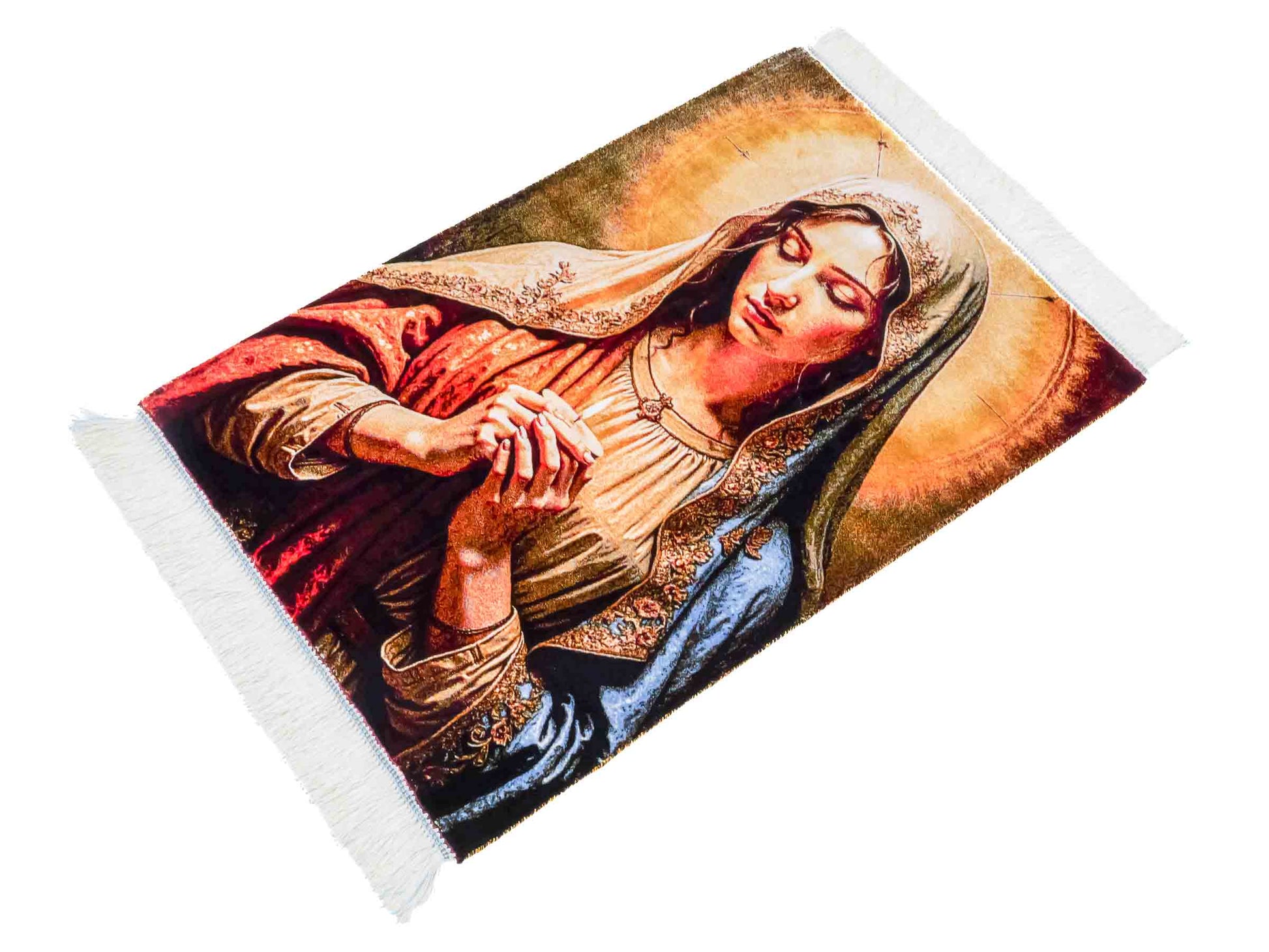 Ghom Maschinenteppich "Maria Mutter Gottes" 90 x 60 cm aus pflanzlicher Seide (Viskose). Wandteppich mit Bildmotiv, Mehrfarbig. Teppichnummer: V32MC054H. Persian Luxury Collection by Khademi. Made in Iran / Persia – Vertrieb durch JUPITER Intl.