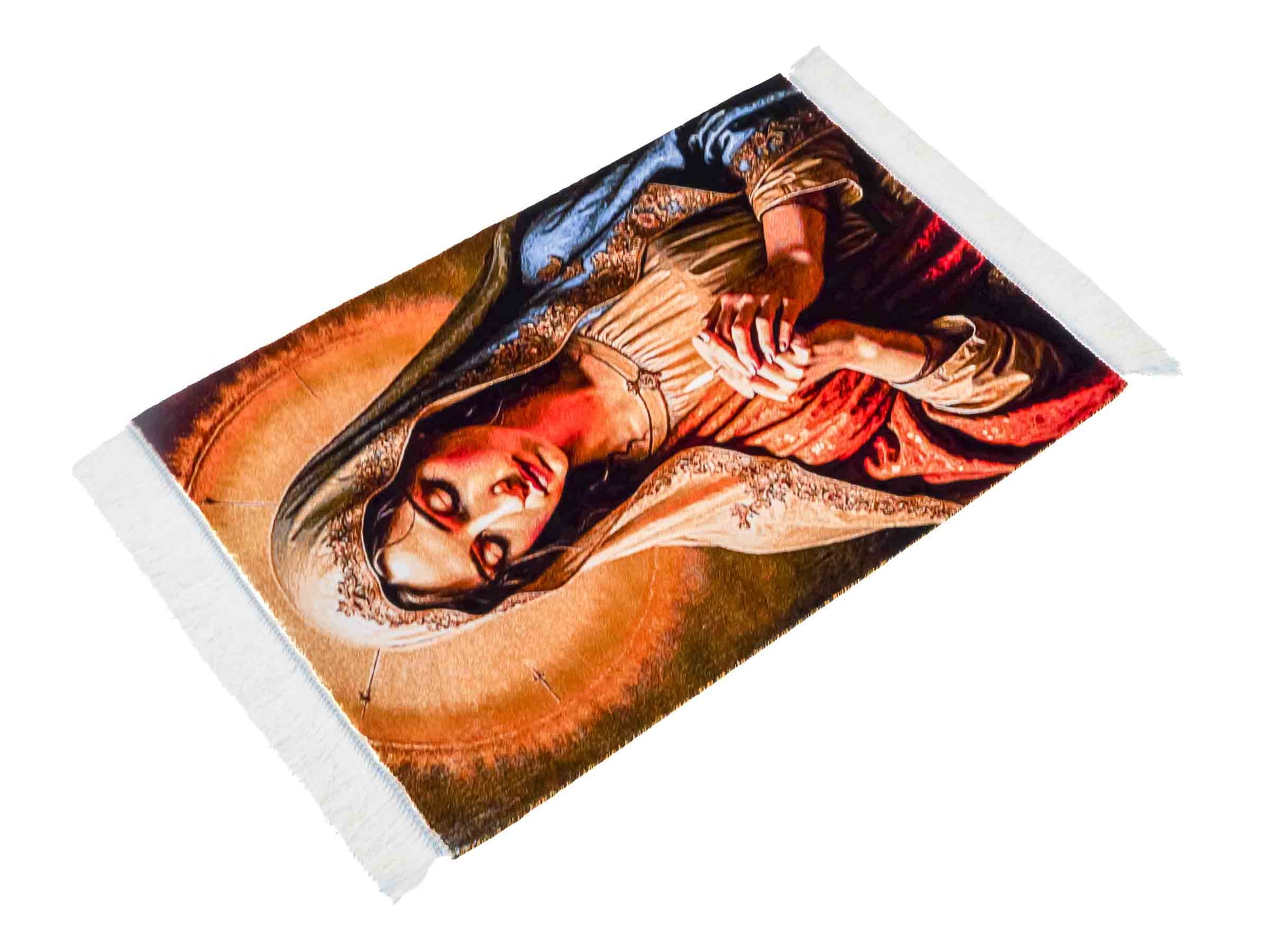 Ghom Maschinenteppich "Maria Mutter Gottes" 90 x 60 cm aus pflanzlicher Seide (Viskose). Wandteppich mit Bildmotiv, Mehrfarbig. Teppichnummer: V32MC054H. Persian Luxury Collection by Khademi. Made in Iran / Persia – Vertrieb durch JUPITER Intl.