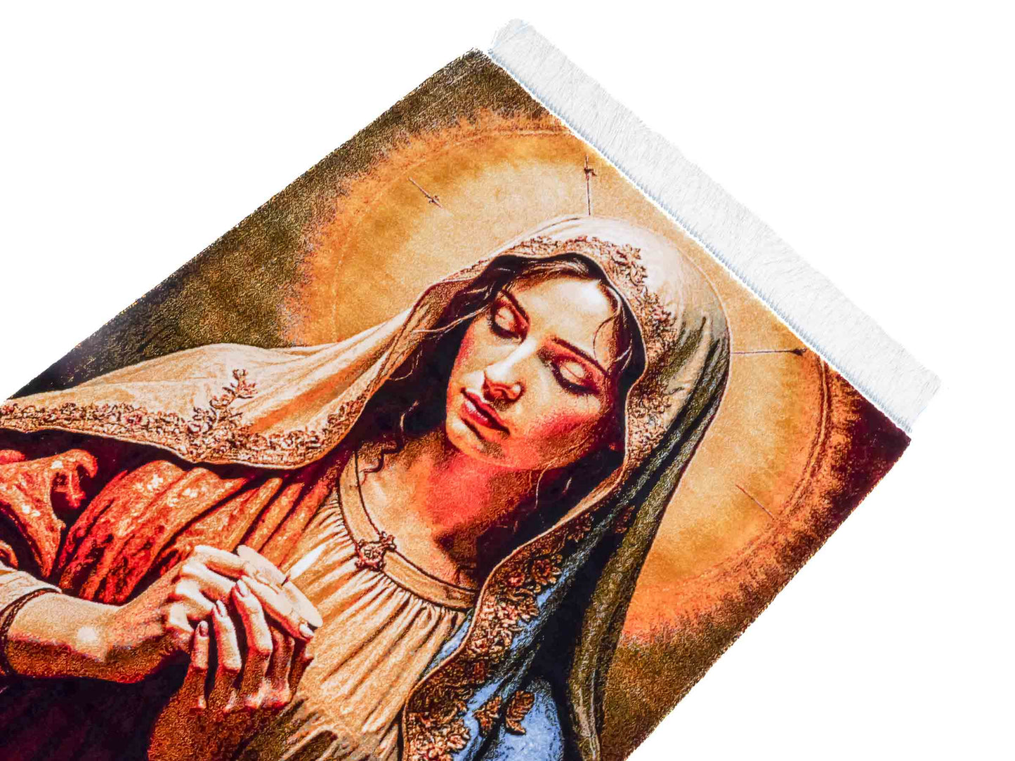 Ghom Maschinenteppich "Maria Mutter Gottes" 90 x 60 cm aus pflanzlicher Seide (Viskose). Wandteppich mit Bildmotiv, Mehrfarbig. Teppichnummer: V32MC054H. Persian Luxury Collection by Khademi. Made in Iran / Persia – Vertrieb durch JUPITER Intl.