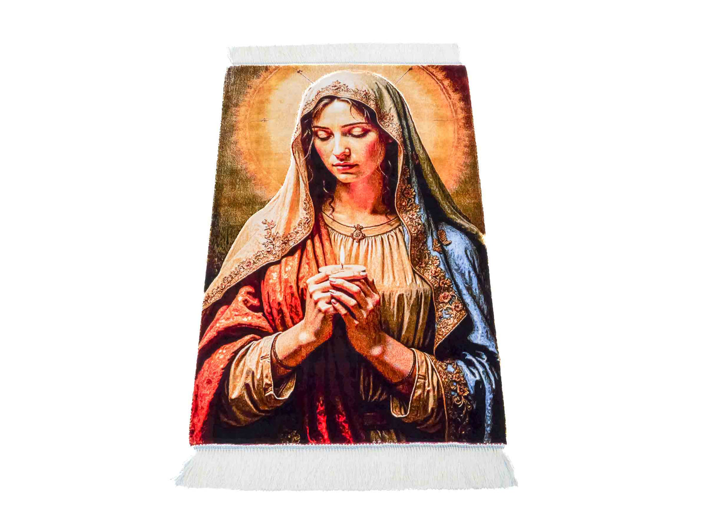 Ghom Maschinenteppich "Maria Mutter Gottes" 90 x 60 cm aus pflanzlicher Seide (Viskose). Wandteppich mit Bildmotiv, Mehrfarbig. Teppichnummer: V32MC054H. Persian Luxury Collection by Khademi. Made in Iran / Persia – Vertrieb durch JUPITER Intl.