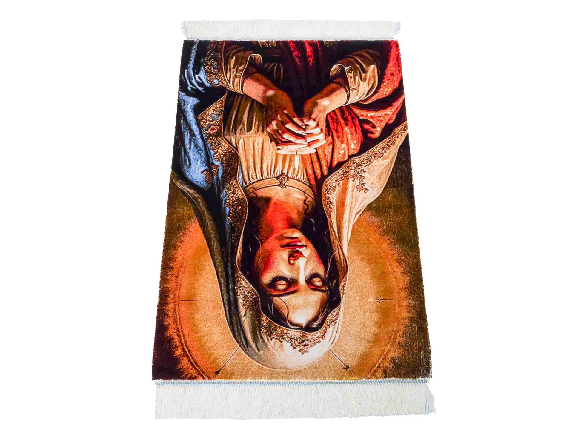 Ghom Maschinenteppich "Maria Mutter Gottes" 90 x 60 cm aus pflanzlicher Seide (Viskose). Wandteppich mit Bildmotiv, Mehrfarbig. Teppichnummer: V32MC054H. Persian Luxury Collection by Khademi. Made in Iran / Persia – Vertrieb durch JUPITER Intl.
