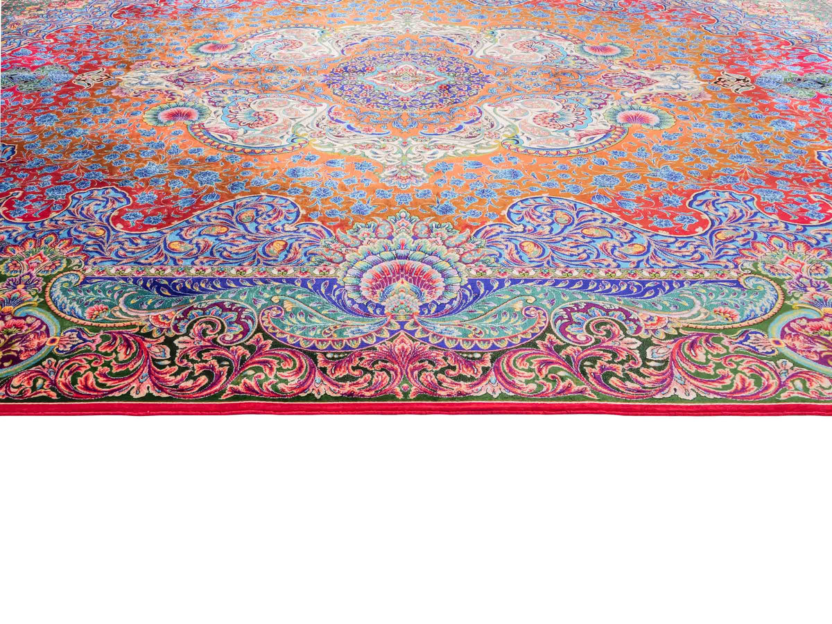 Ghom Maschinenteppich "Nariman" 225 x 150 cm, mit Medaillon, aus pflanzlicher Seide (Viskose), Rot/Mehrfarbig. Teppichnummer: V64RD338H. Persian Luxury Collection by Khademi. Made in Iran / Persia – Vertrieb durch JUPITER Intl.