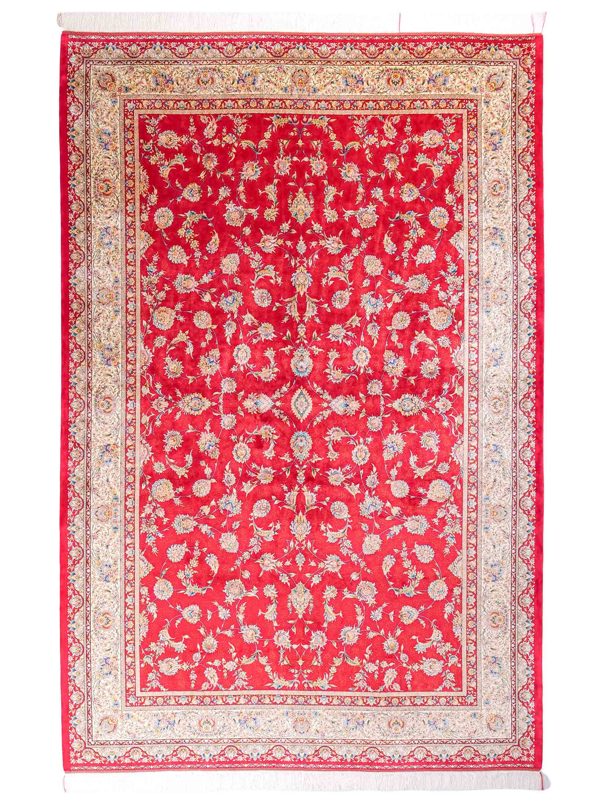 Ghom Maschinenteppich "Nowruz" 300 x 200 cm, durchgemustert, aus pflanzlicher Seide (Viskose), Rot/Cremeweiß. Teppichnummer: V67RD600H. Persian Luxury Collection by Khademi. Made in Iran / Persia – Vertrieb durch JUPITER Intl.