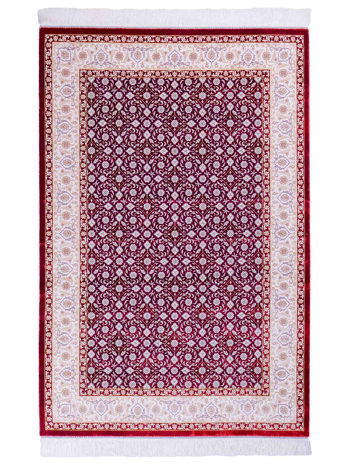 Ghom Maschinenteppich "Rakhsh" 180 x 120 cm, durchgemustert, aus pflanzlicher Seide (Viskose), Dunkelrot/Weiß. Teppichnummer: V71RD216H. Persian Luxury Collection by Khademi. Made in Iran / Persia – Vertrieb durch JUPITER Intl.