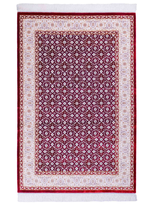 Ghom Maschinenteppich "Rakhsh" 180 x 120 cm, durchgemustert, aus pflanzlicher Seide (Viskose), Dunkelrot/Weiß. Teppichnummer: V71RD216H. Persian Luxury Collection by Khademi. Made in Iran / Persia – Vertrieb durch JUPITER Intl.