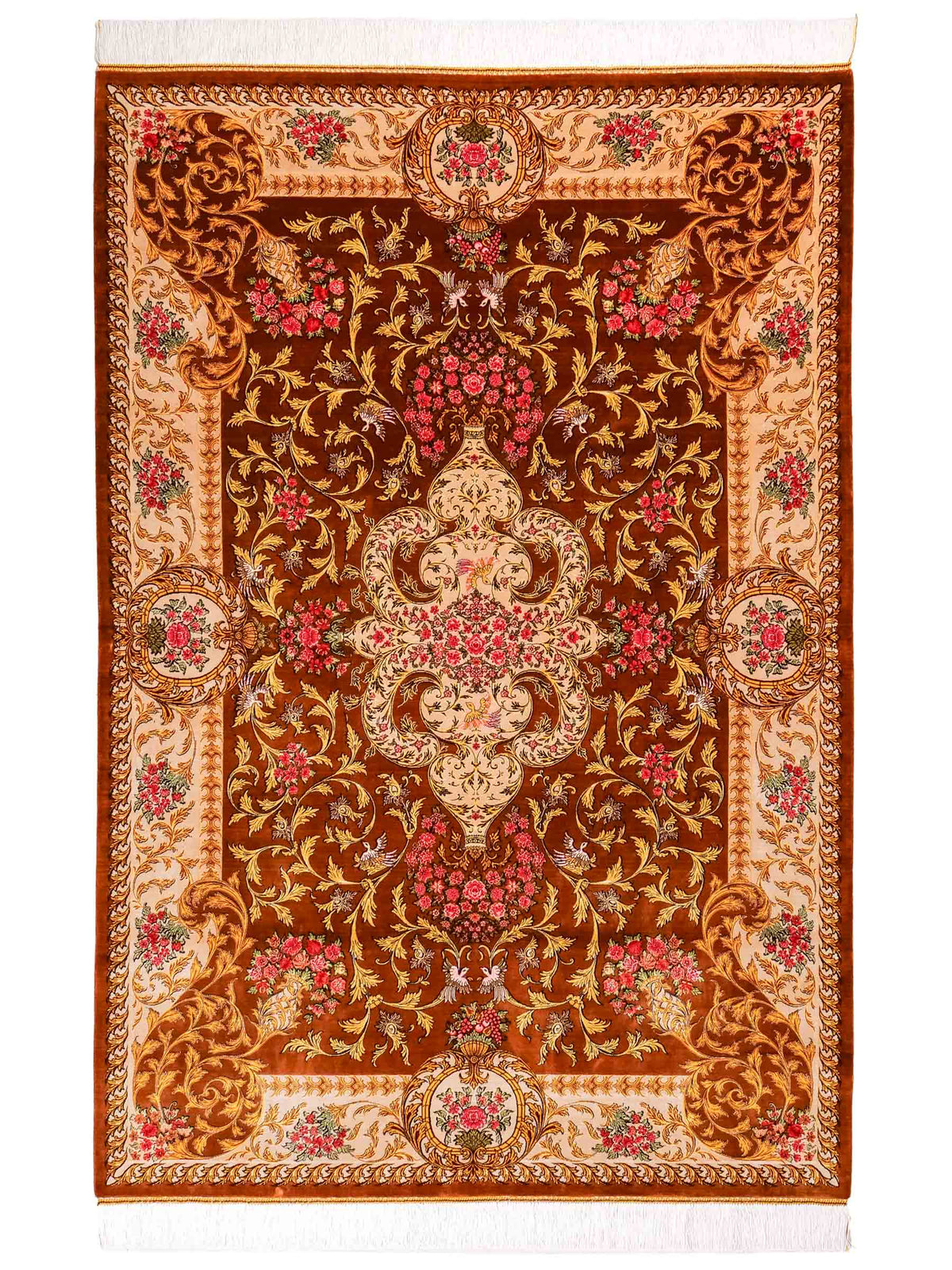 Ghom Maschinenteppich "Rostam" 180 x 120 cm, mit Medaillon, aus pflanzlicher Seide (Viskose), Braun-Gold. Teppichnummer: V73BG216H. Persian Luxury Collection by Khademi. Made in Iran / Persia – Vertrieb durch JUPITER Intl.