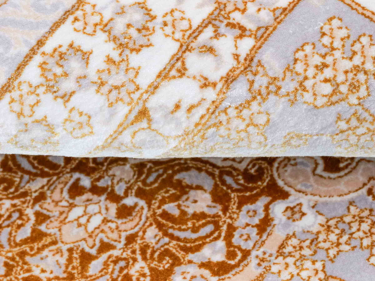 Ghom Maschinenteppich "Shapur" 55 x 37 cm, mit Medaillon, Grau-Gold, aus pflanzlicher Seide (Viskose), Hand-Finished. Teppichnummer: V85SV020H. Persian Luxury Collection by Khademi. Made in Iran / Persia – Vertrieb durch JUPITER Intl.