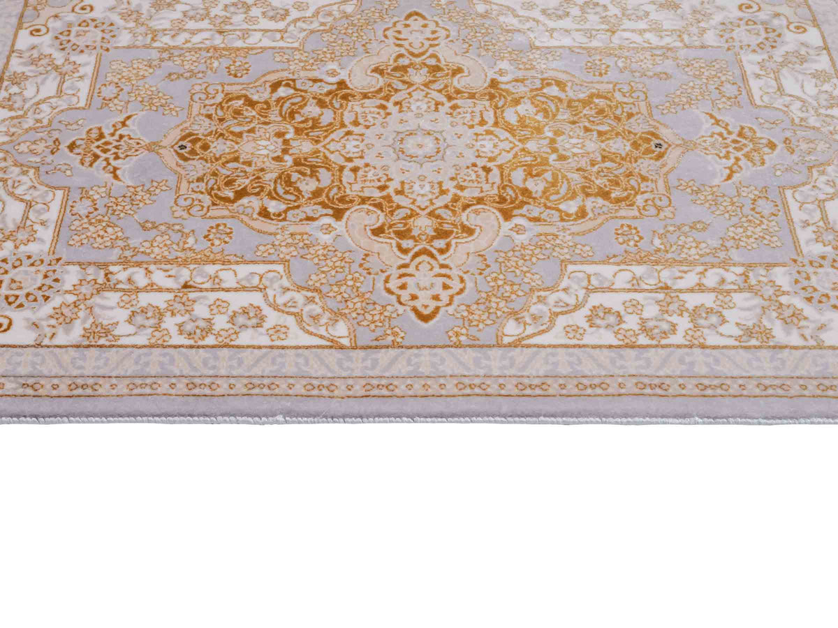 Ghom Maschinenteppich "Shapur" 55 x 37 cm, mit Medaillon, Grau-Gold, aus pflanzlicher Seide (Viskose), Hand-Finished. Teppichnummer: V85SV020H. Persian Luxury Collection by Khademi. Made in Iran / Persia – Vertrieb durch JUPITER Intl.