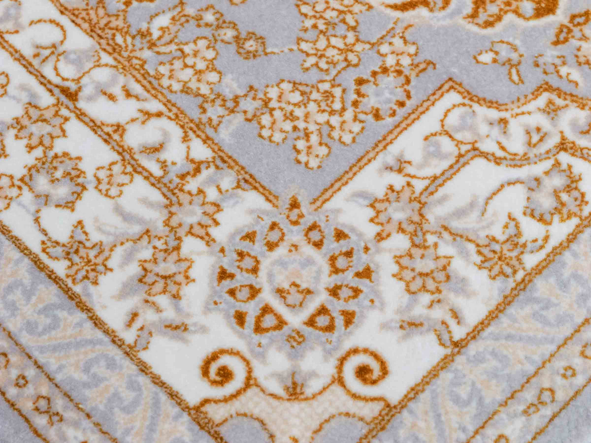 Ghom Maschinenteppich "Shapur" 55 x 37 cm, mit Medaillon, Grau-Gold, aus pflanzlicher Seide (Viskose), Hand-Finished. Teppichnummer: V85SV020H. Persian Luxury Collection by Khademi. Made in Iran / Persia – Vertrieb durch JUPITER Intl.