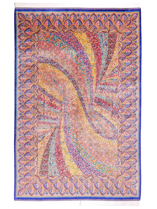 Ghom Maschinenteppich "Siyamak" 300 x 200 cm, abstrakt durchgemustert, aus pflanzlicher Seide (Viskose), Blau-Mehrfarbig. Teppichnummer: V78DB600H. Persian Luxury Collection by Khademi. Made in Iran / Persia – Vertrieb durch JUPITER Intl.