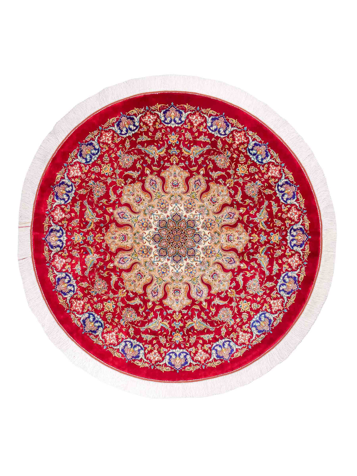 Runder Ghom Maschinenteppich "Sohrab" 142 x 142 cm, mit Medaillon, aus pflanzlicher Seide (Viskose), Rot. Teppichnummer: V80RD202H. Persian Luxury Collection by Khademi. Made in Iran / Persia – Vertrieb durch JUPITER Intl.