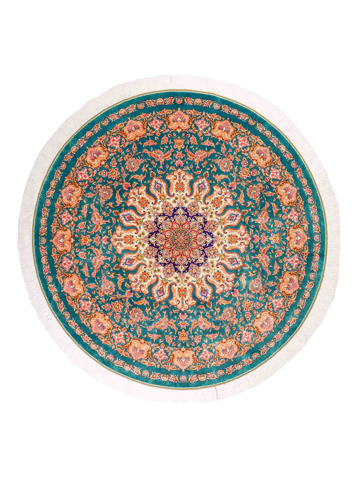 Runder Ghom Maschinenteppich "Sohrab" 150 x 150 cm, mit Medaillon, aus pflanzlicher Seide (Viskose), Grün. Teppichnummer: V80TL225H. Persian Luxury Collection by Khademi. Made in Iran / Persia – Vertrieb durch JUPITER Intl.