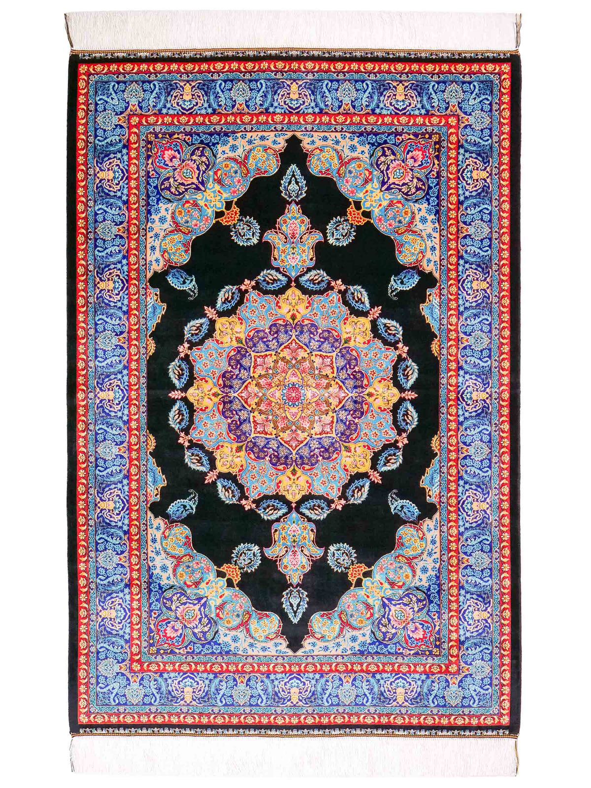 Ghom Maschinenteppich "Tahmina" 150 x 100 cm, mit Spiegel-Medaillon, aus pflanzlicher Seide (Viskose), Schwarz-Blau. Teppichnummer: V87BK150H. Persian Luxury Collection by Khademi. Made in Iran / Persia – Vertrieb durch JUPITER Intl.