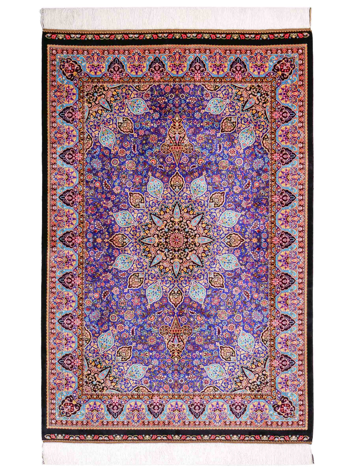Ghom Maschinenteppich "Tus" 150 x 100 cm, mit Medaillon, aus pflanzlicher Seide (Viskose), Schwarz-Blau. Teppichnummer: V89DB150H. Persian Luxury Collection by Khademi. Made in Iran / Persia – Vertrieb durch JUPITER Intl.