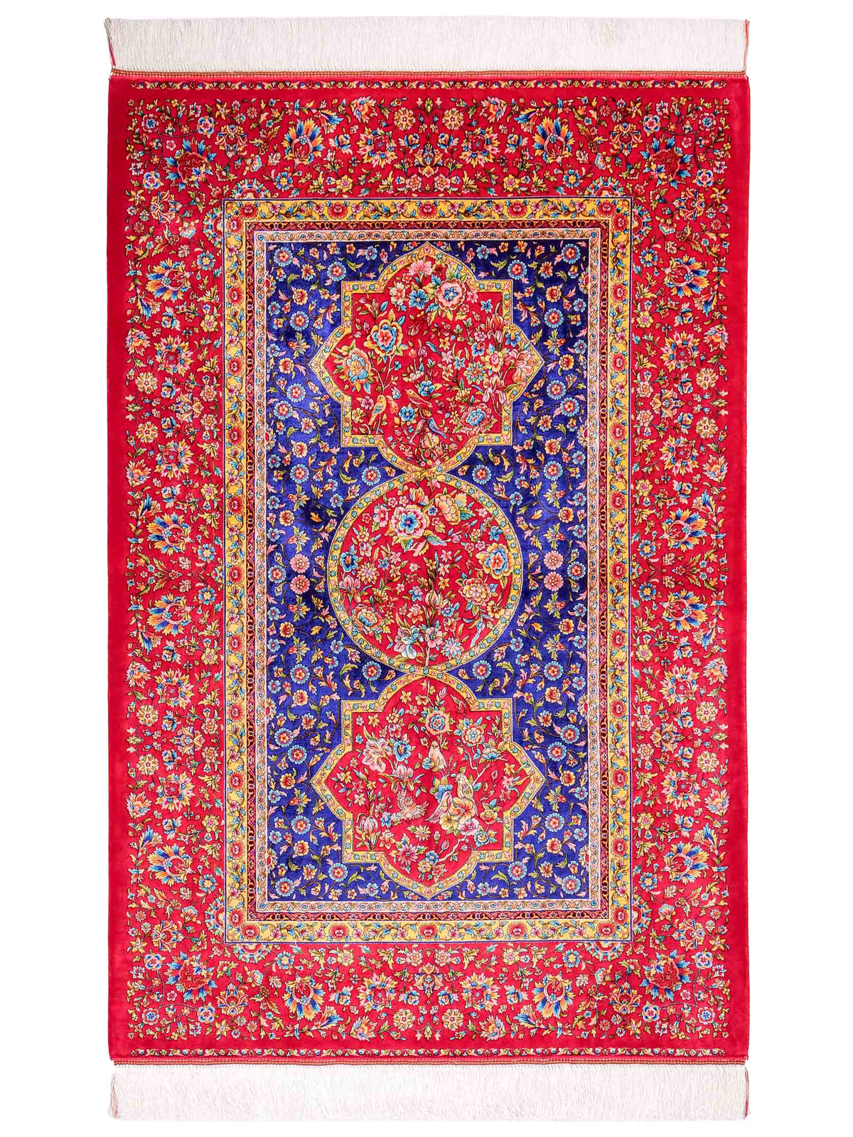 Ghom Maschinenteppich "Vis" 150 x 100 cm, geometrisches Design, aus pflanzlicher Seide (Viskose), Rot-Dunkelblau. Teppichnummer: V90DR150H. Persian Luxury Collection by Khademi. Made in Iran / Persia – Vertrieb durch JUPITER Intl.