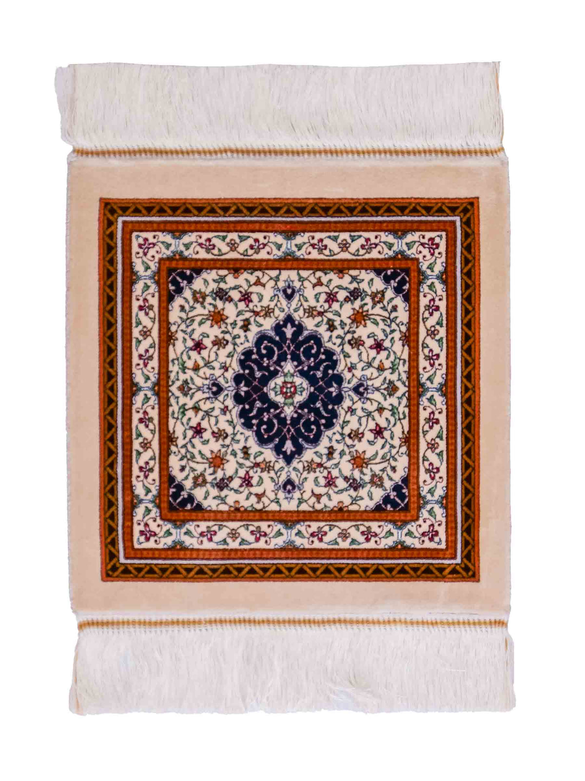Ghom Maschinenteppich "Yazdgerd" 40 x 40 cm, mit Medaillon, Beige, aus pflanzlicher Seide (Viskose), Hand-Finished. Teppichnummer: V92BG016H. Persian Luxury Collection by Khademi. Made in Iran / Persia – Vertrieb durch JUPITER Intl.